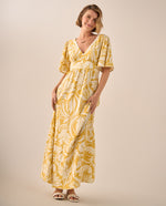 Vestido Maxi Tropical Amarillo con Mangas Volumen - Amarillo