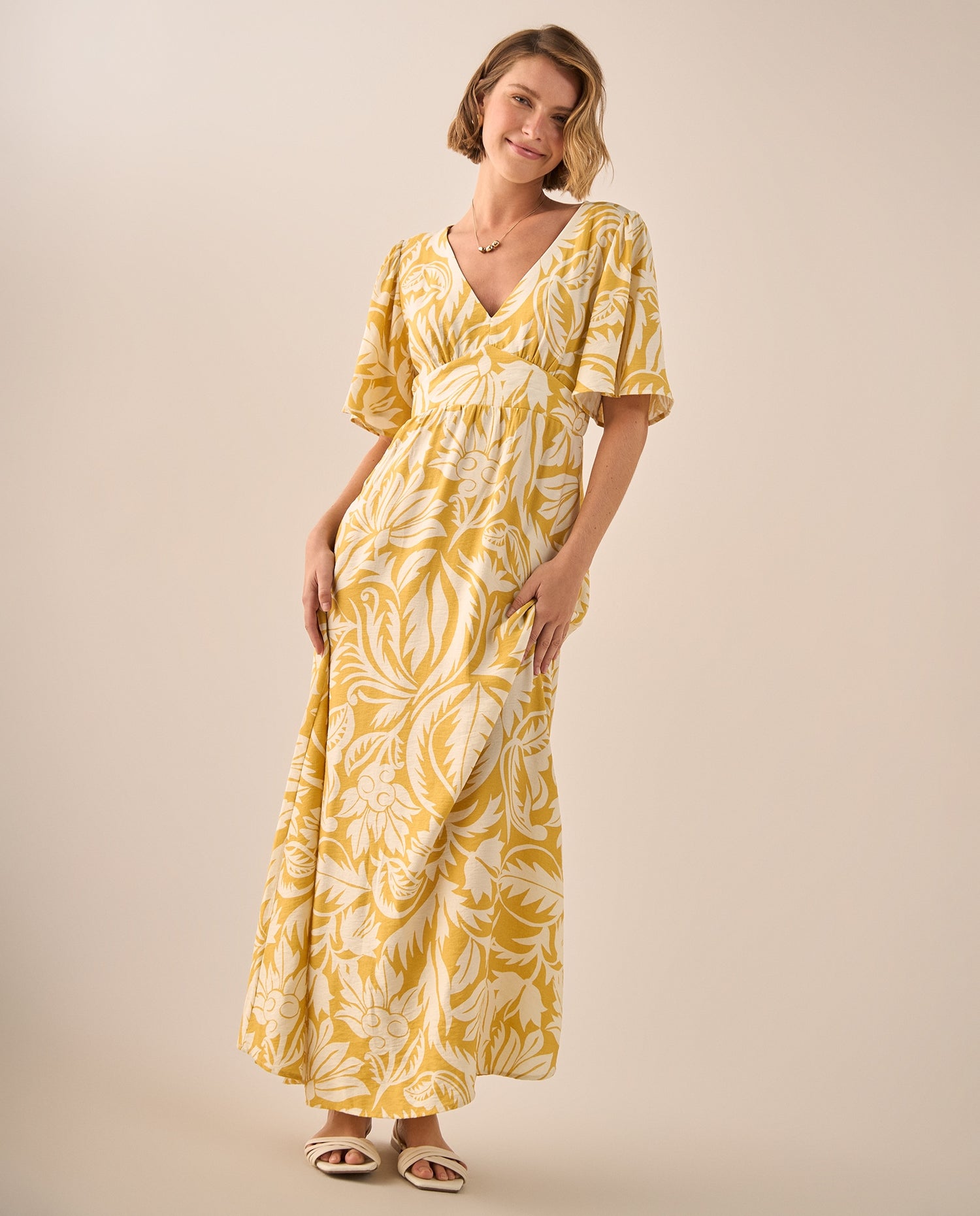 Vestido Maxi Tropical Amarillo con Mangas Volumen - Amarillo