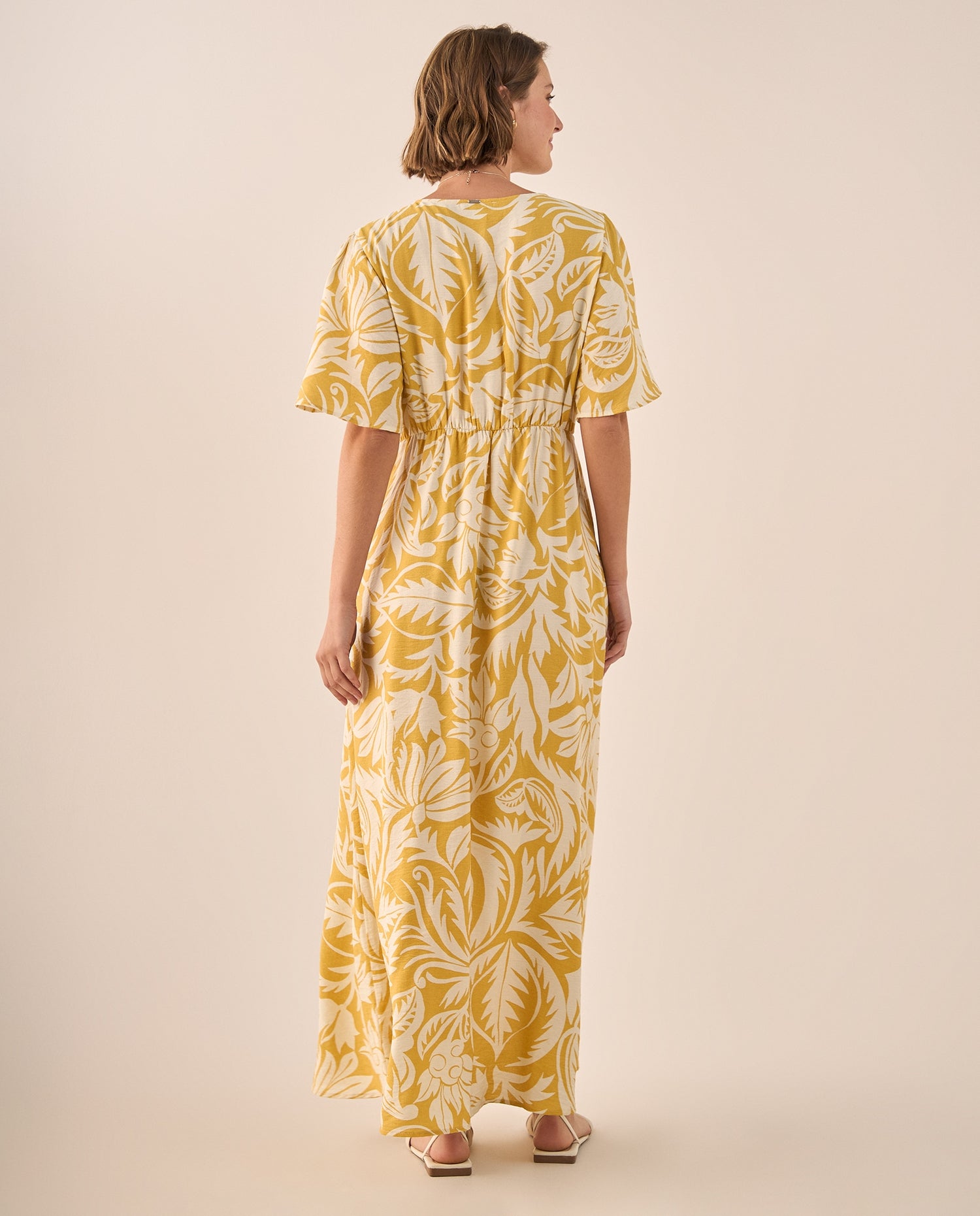 Vestido Maxi Tropical Amarillo con Mangas Volumen - Amarillo
