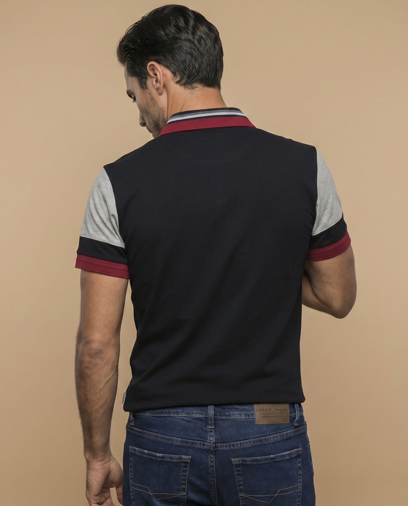 Polo manga corta con cuello a rayas y mangas en bloques de color para hombre - Negro 34_305E326_NEG190303_4