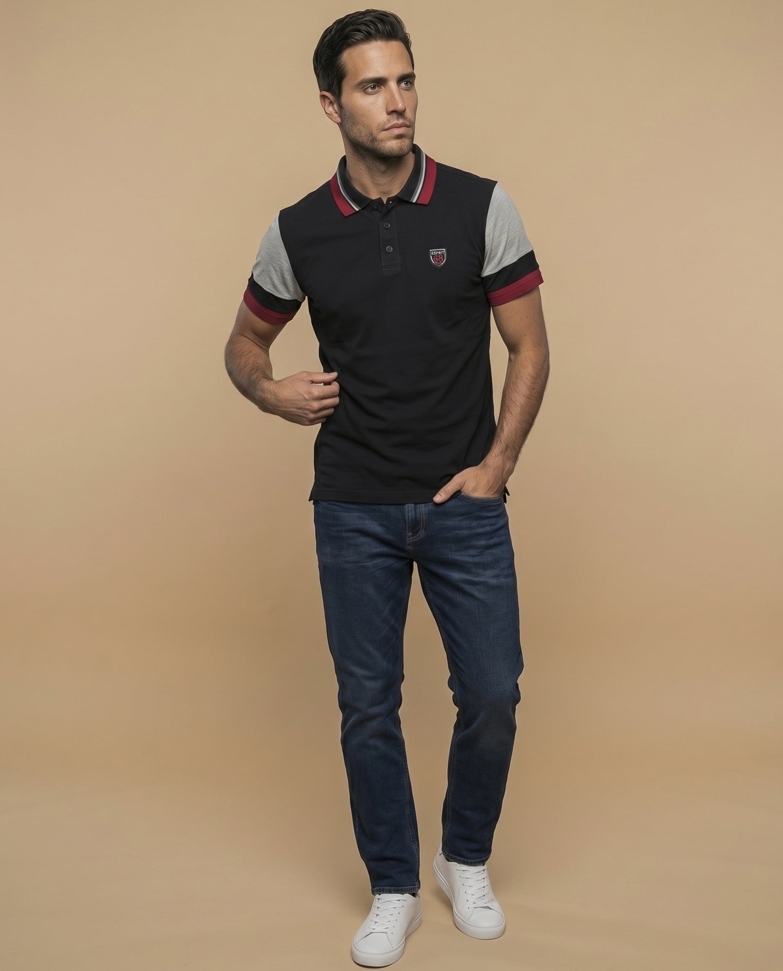 Polo manga corta con cuello a rayas y mangas en bloques de color para hombre - Negro 34_305E326_NEG190303_5