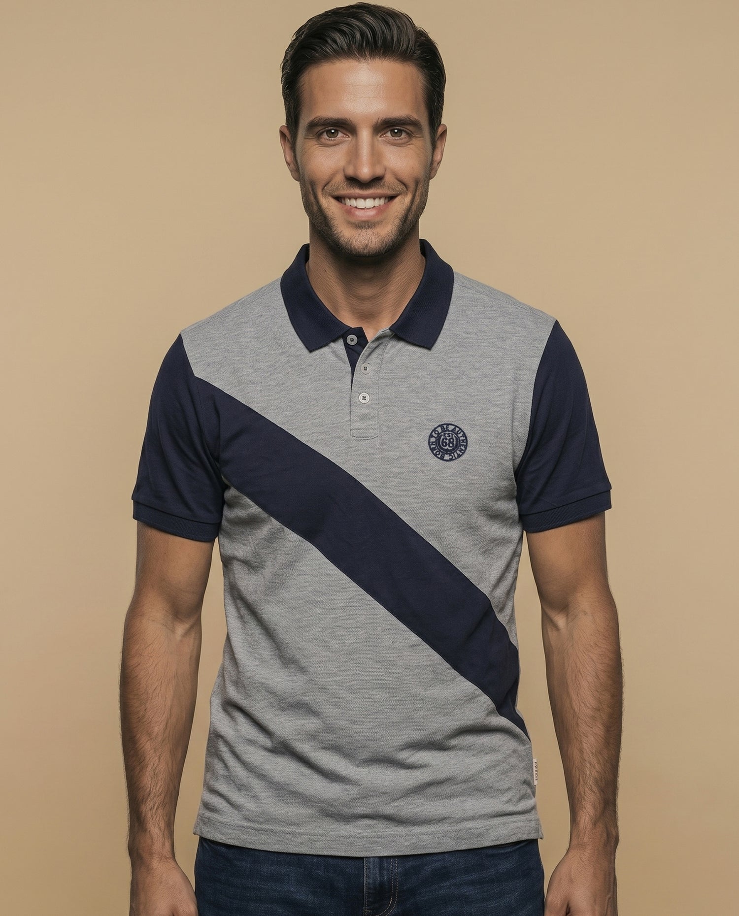 Polo manga corta bicolor con franja diagonal para hombre - Gris