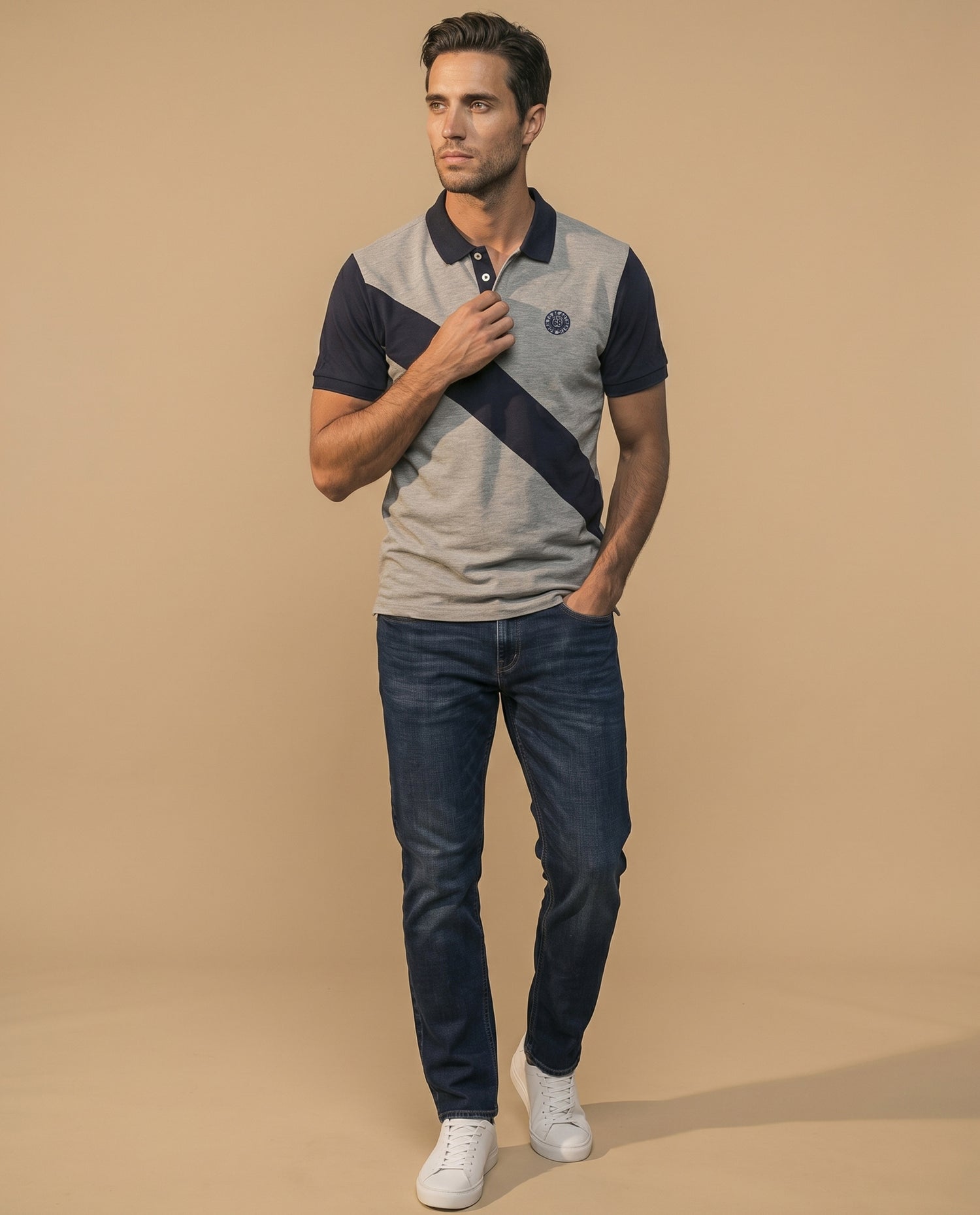 Polo manga corta bicolor con franja diagonal para hombre - Gris