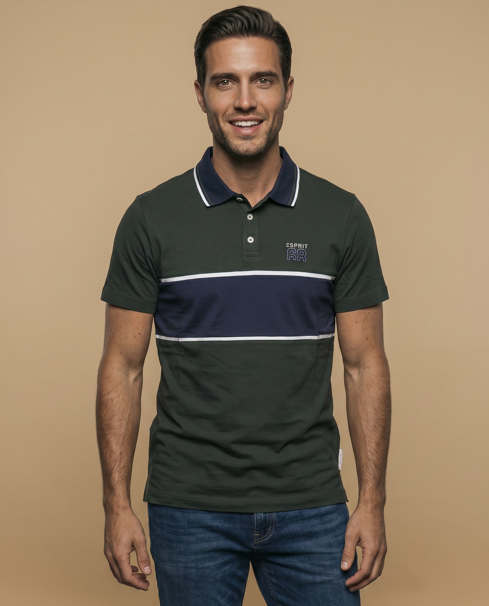 Polo manga corta con franja horizontal y cuello contrastado para hombre - Verde 34_305E347_VER190622_0