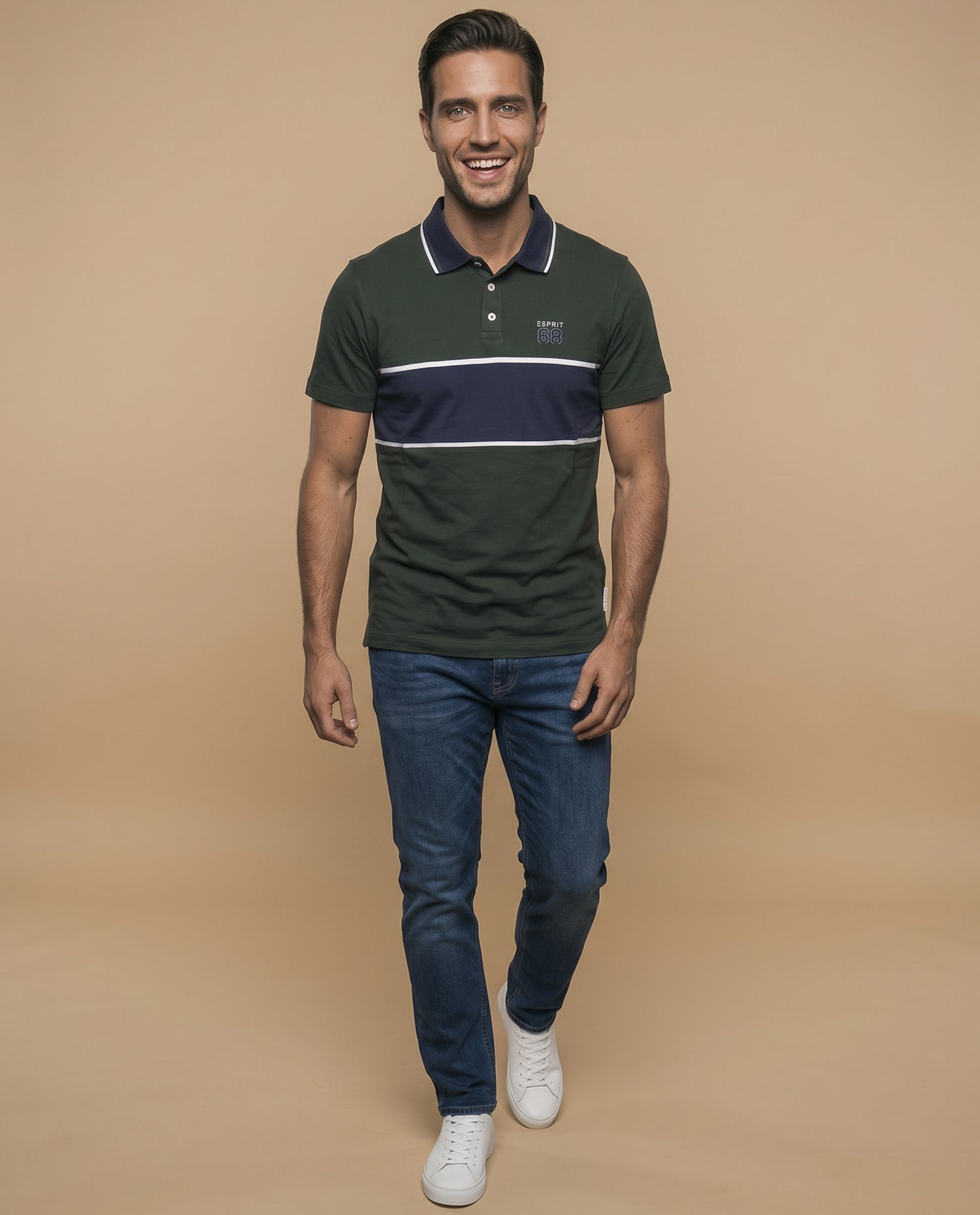 Polo manga corta con franja horizontal y cuello contrastado para hombre - Verde