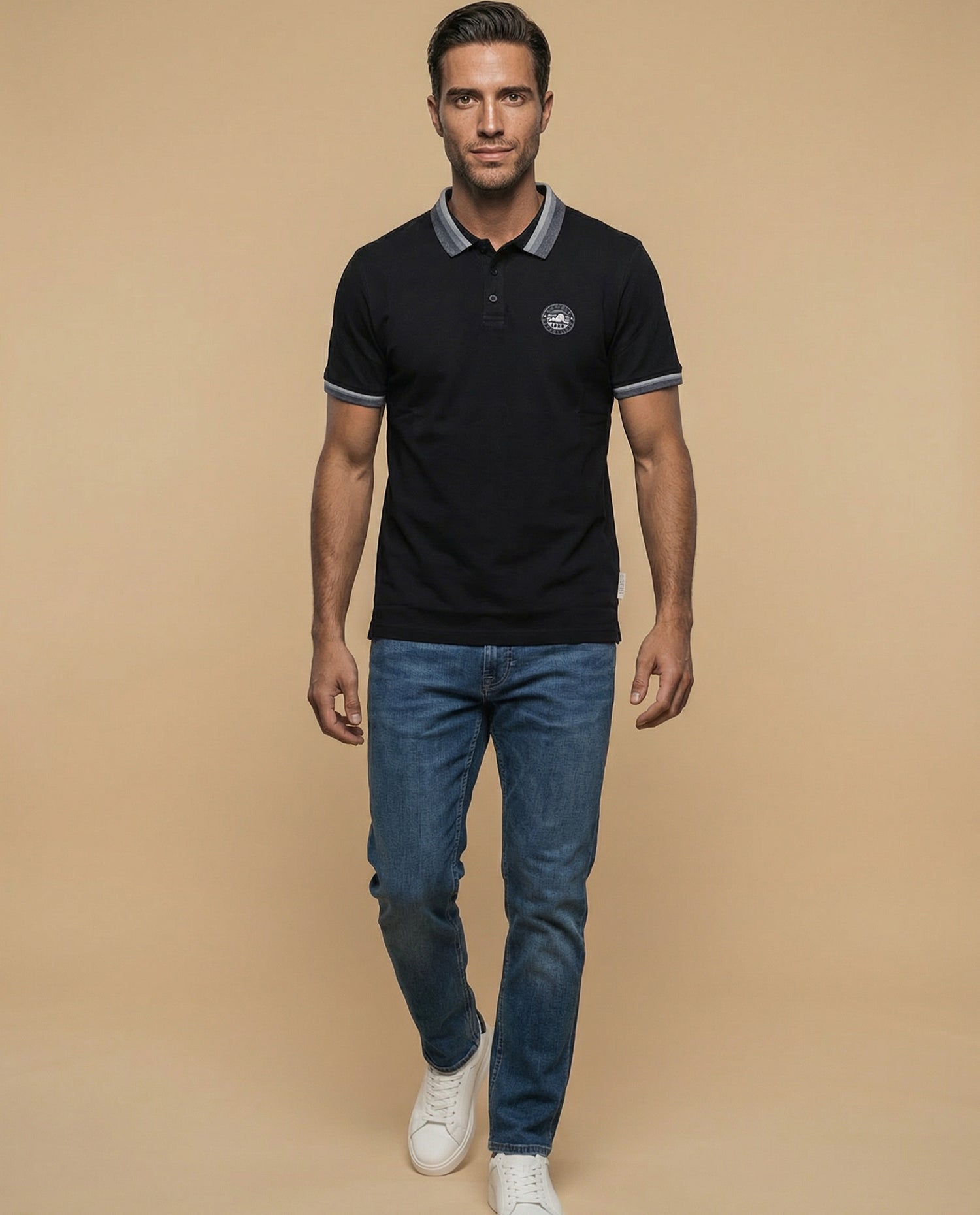Polo manga corta con ribetes contrastantes para hombre - Negro