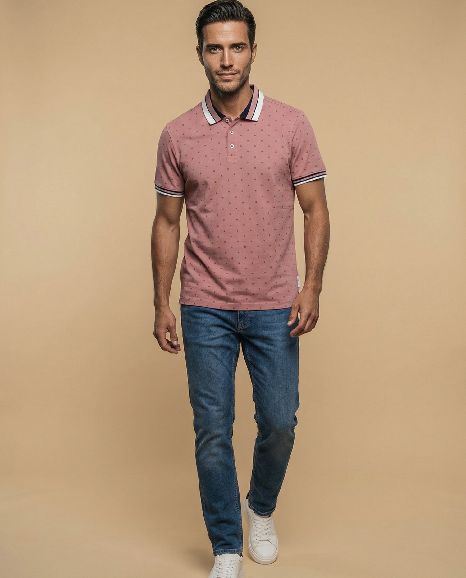 Polo manga corta con estampado de micromotivo geométrico para hombre - Rosa