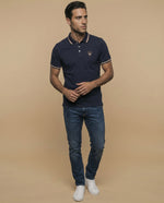 Polo manga corta con ribetes a rayas para hombre - Azul