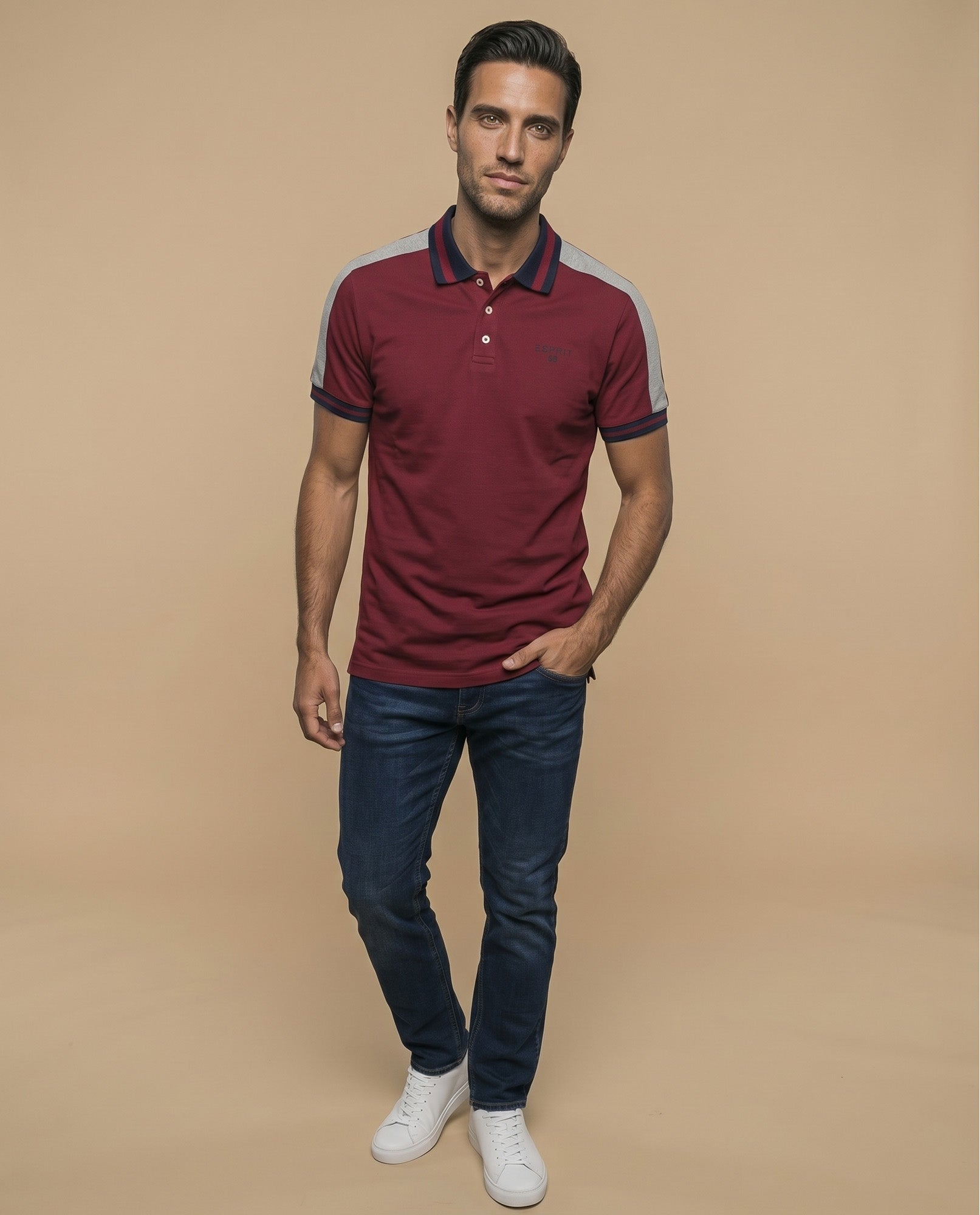 Polo manga corta con paneles contrastantes en hombros para hombre - Rojo 34_305E357_ROJ181659_5