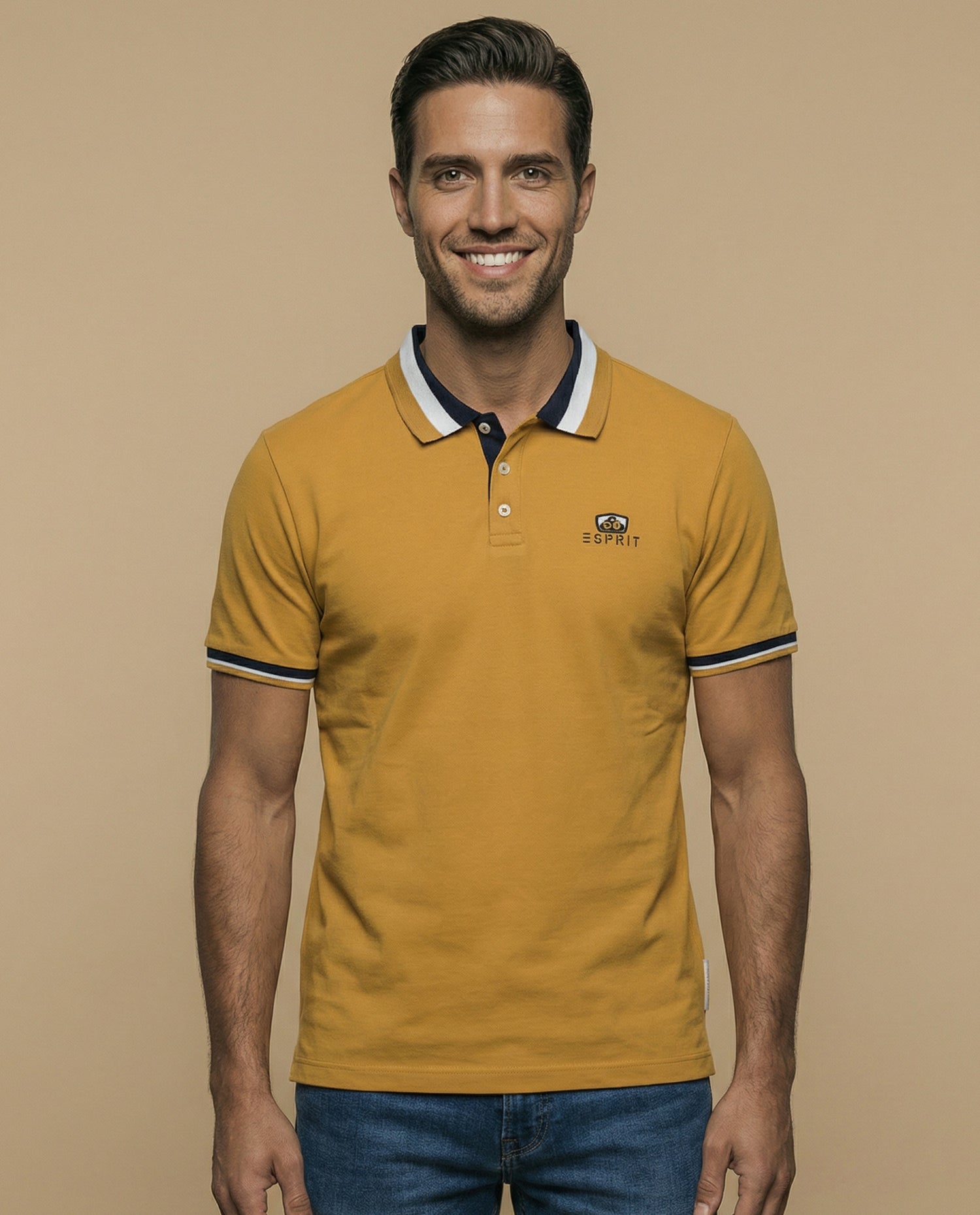Polo manga corta con ribetes a rayas para hombre - Amarillo