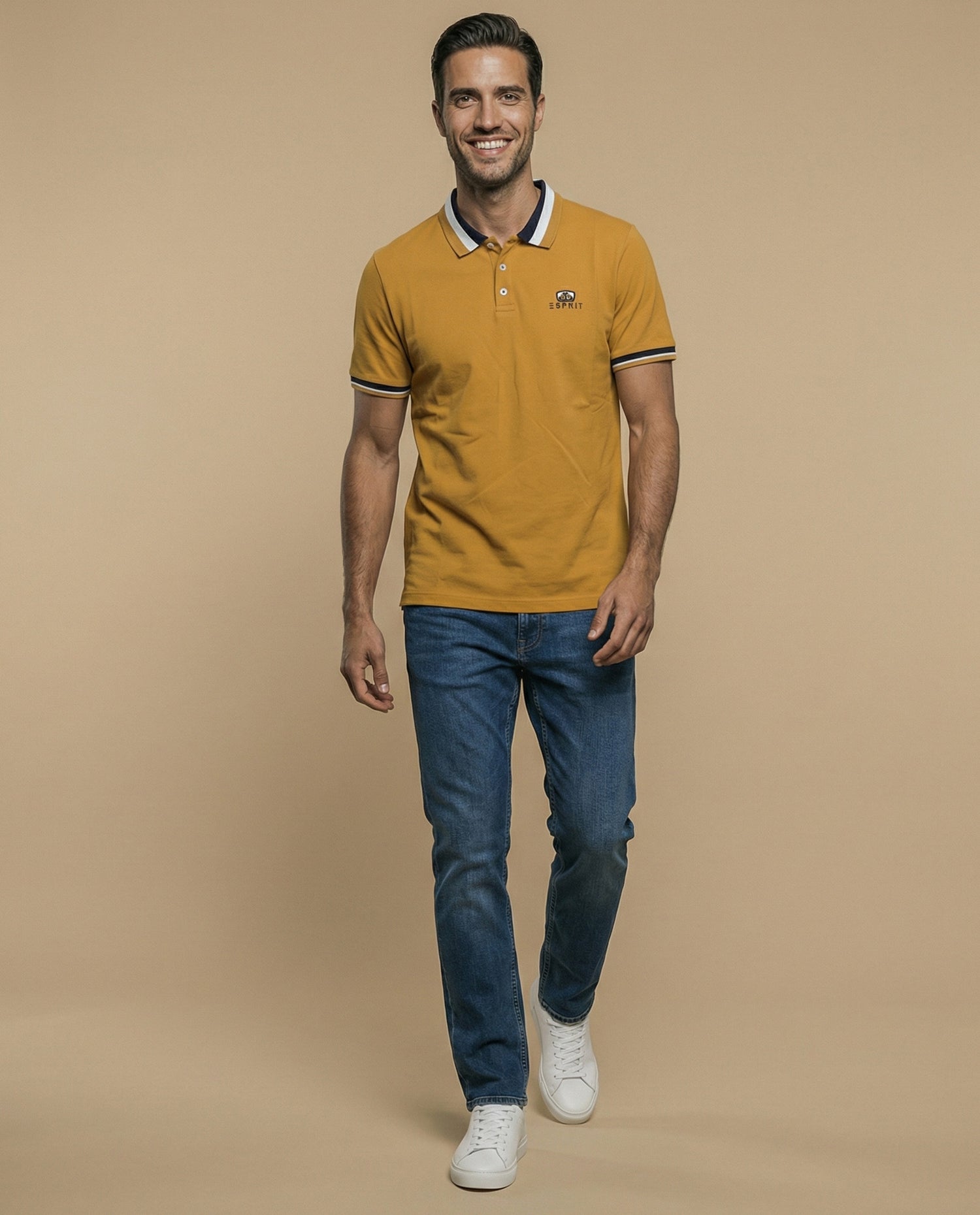 Polo manga corta con ribetes a rayas para hombre - Amarillo