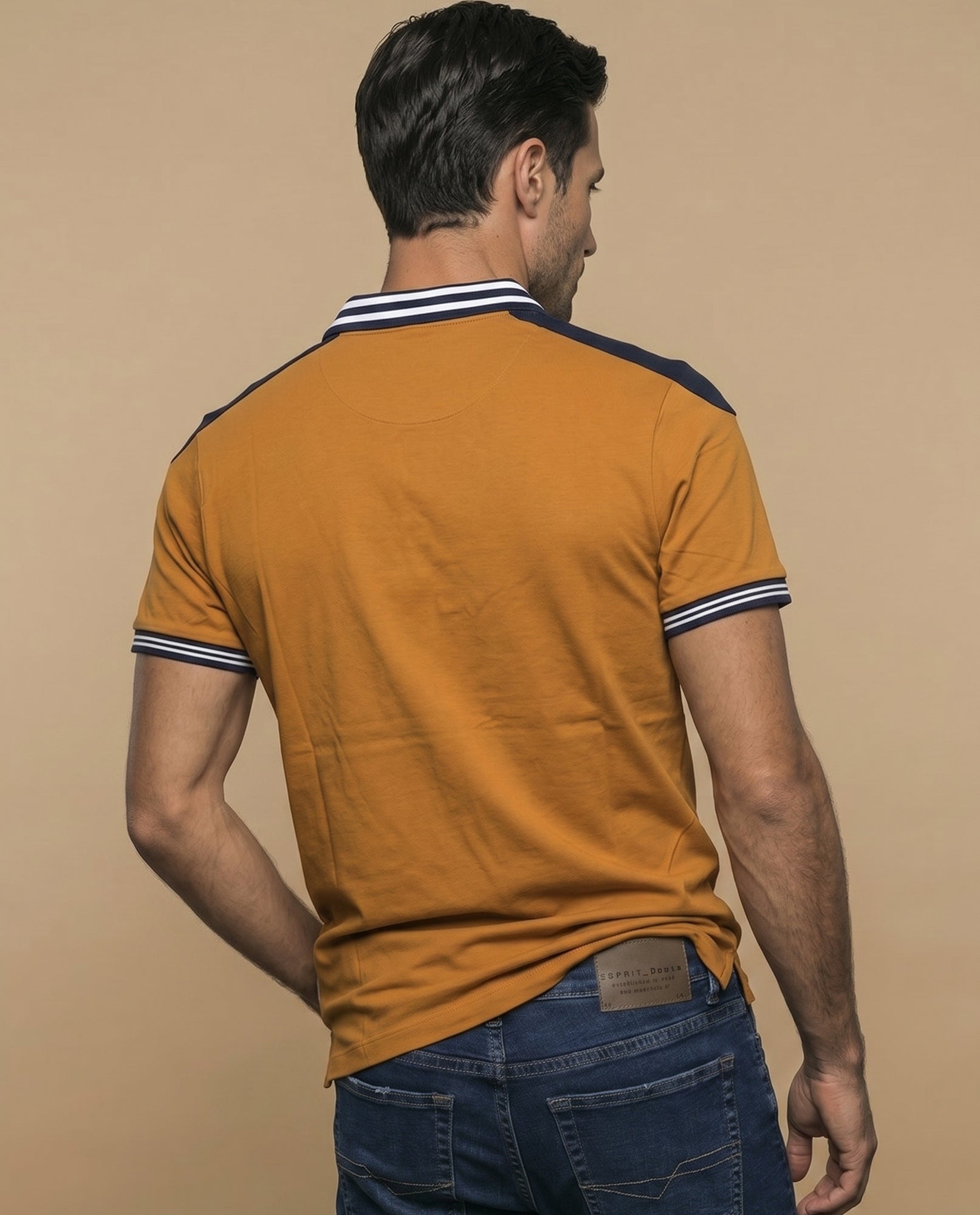 Polo manga corta con cuello acanalado a rayas y paneles en hombros para hombre - Naranja 34_305E370_NAR181350_4