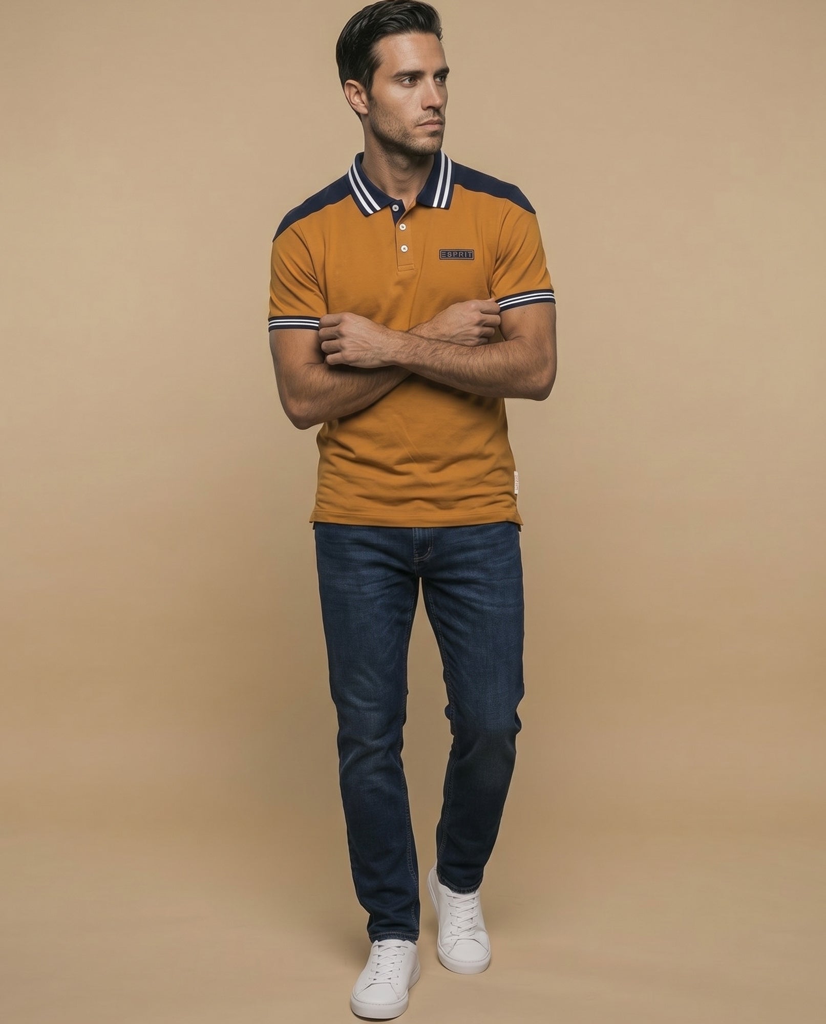 Polo manga corta con cuello acanalado a rayas y paneles en hombros para hombre - Naranja 34_305E370_NAR181350_5