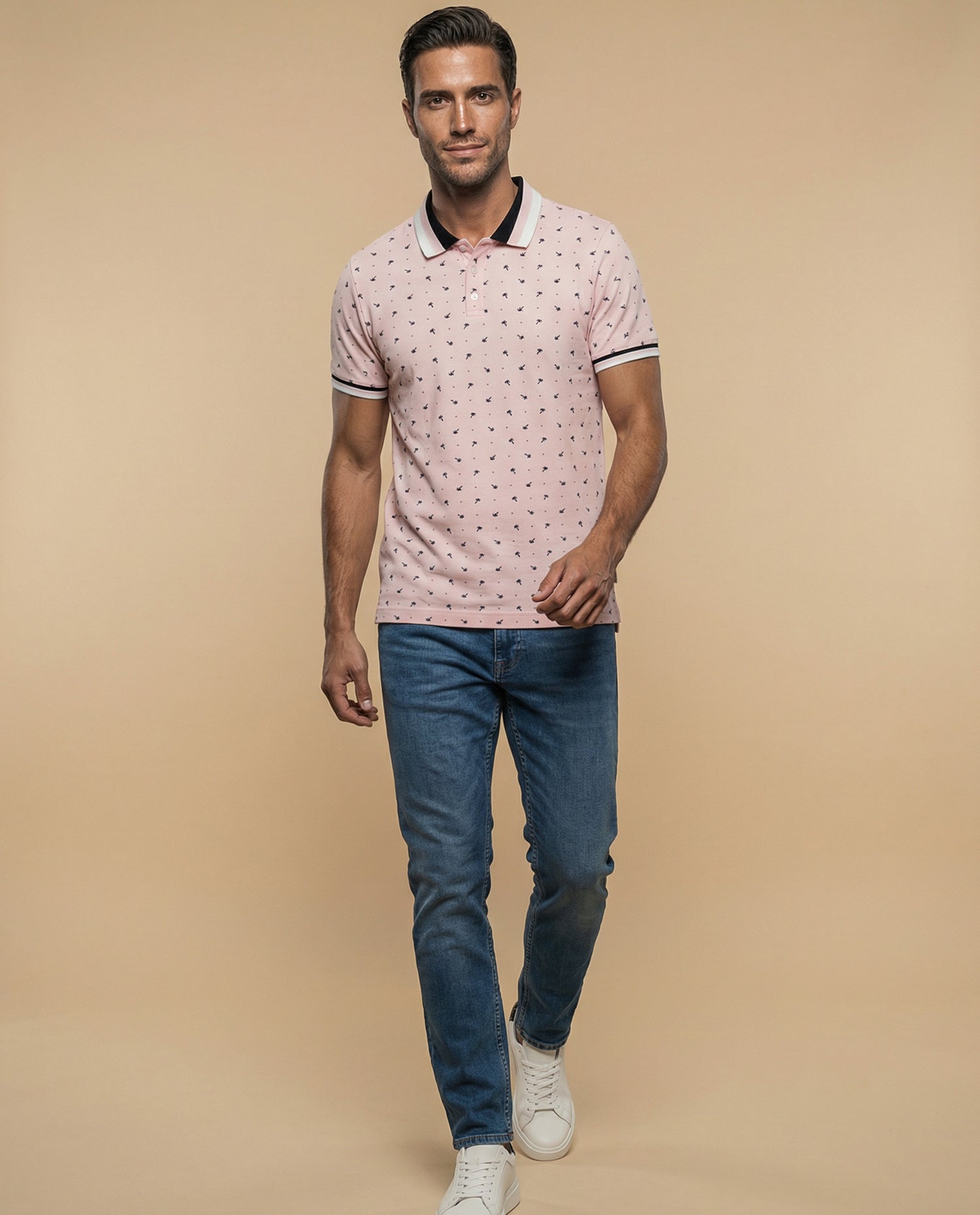 Polo manga corta con estampado de motivos pequeños - Rosa