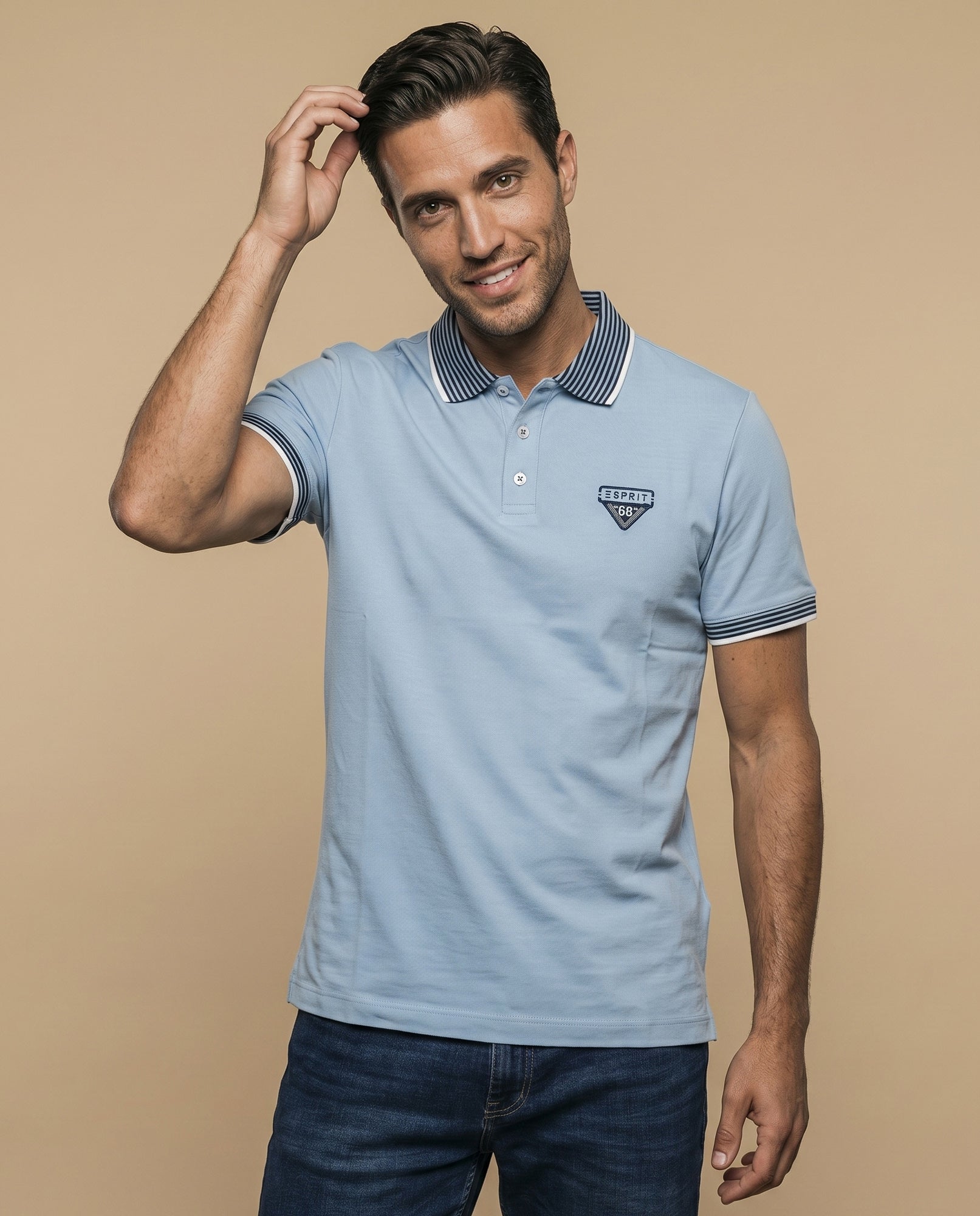 Polo manga corta con cuello camisero a rayas para hombre - Azul 34_305F303_AZU144123_0