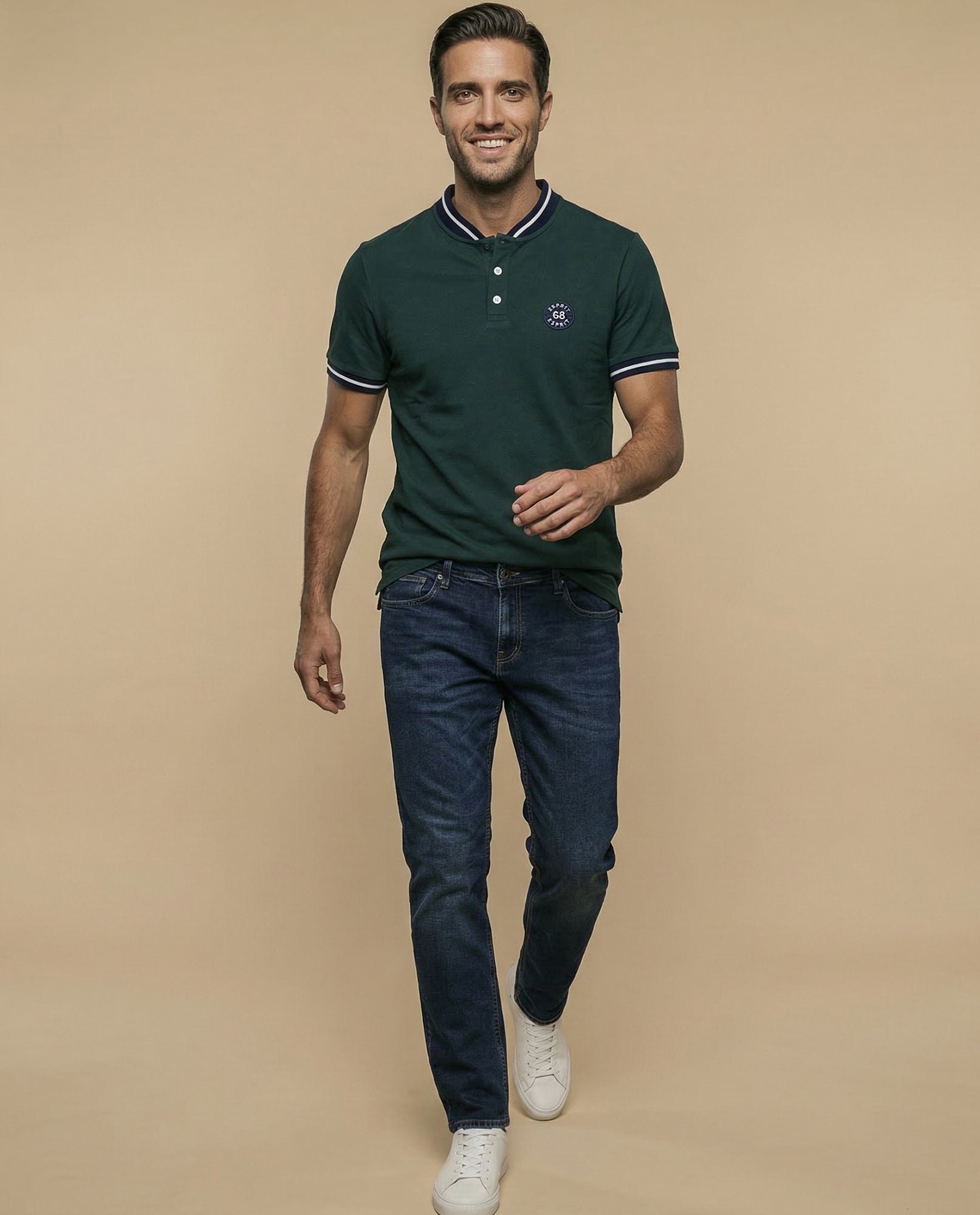 Polo con detalle a rayas en cuello y puños - Verde 34_305F310_VER165820_5