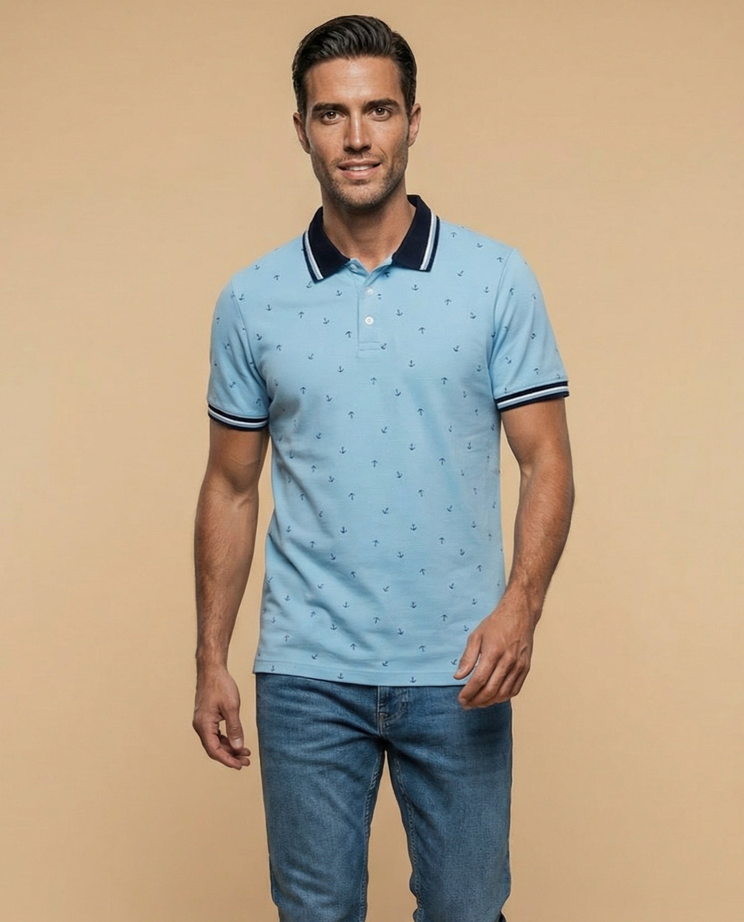 Polo manga corta con estampado de anclas náuticas - Azul
