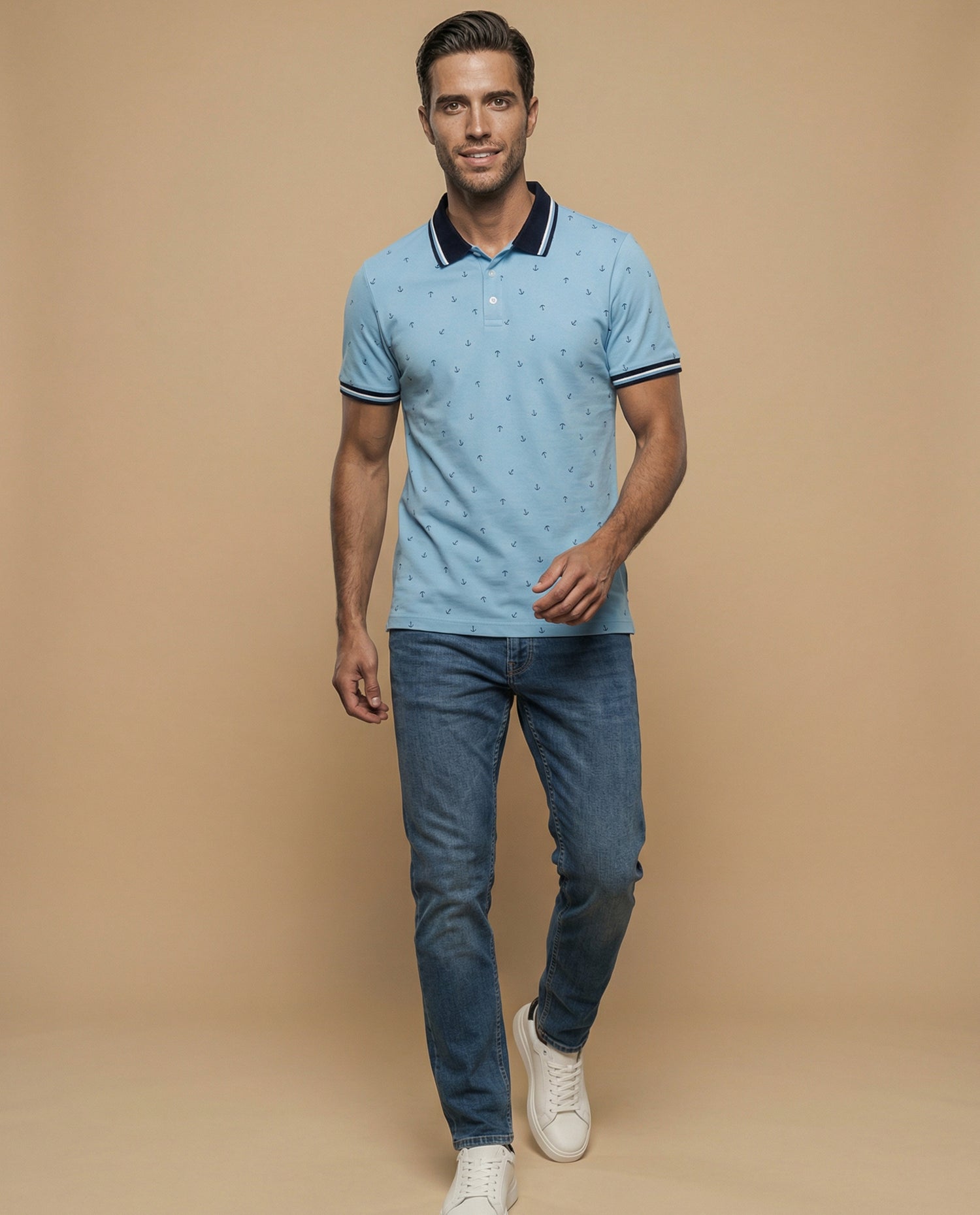 Polo manga corta con estampado de anclas náuticas - Azul
