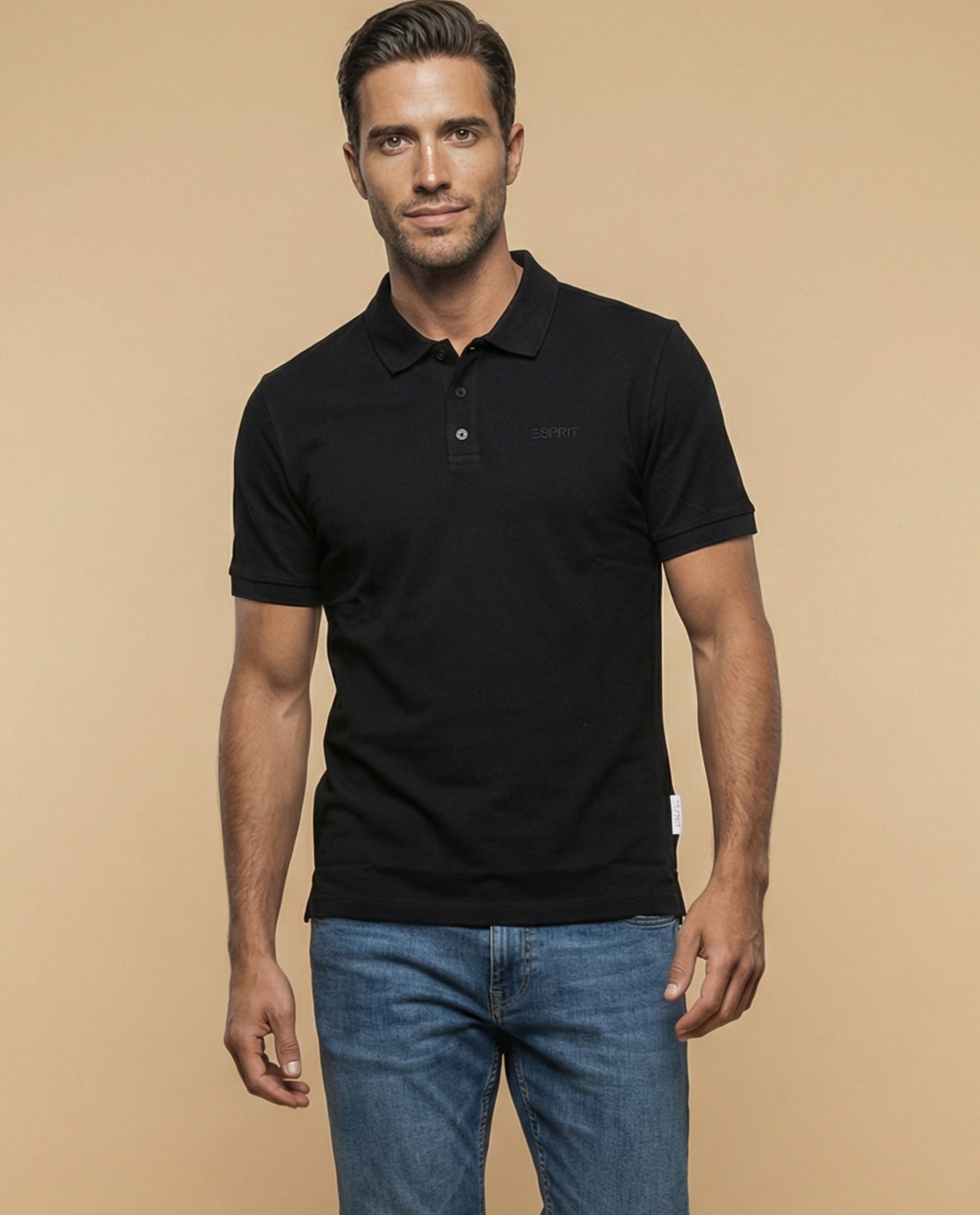 Polo manga corta con cuello camisero y ribete contrastante para hombre - Negro