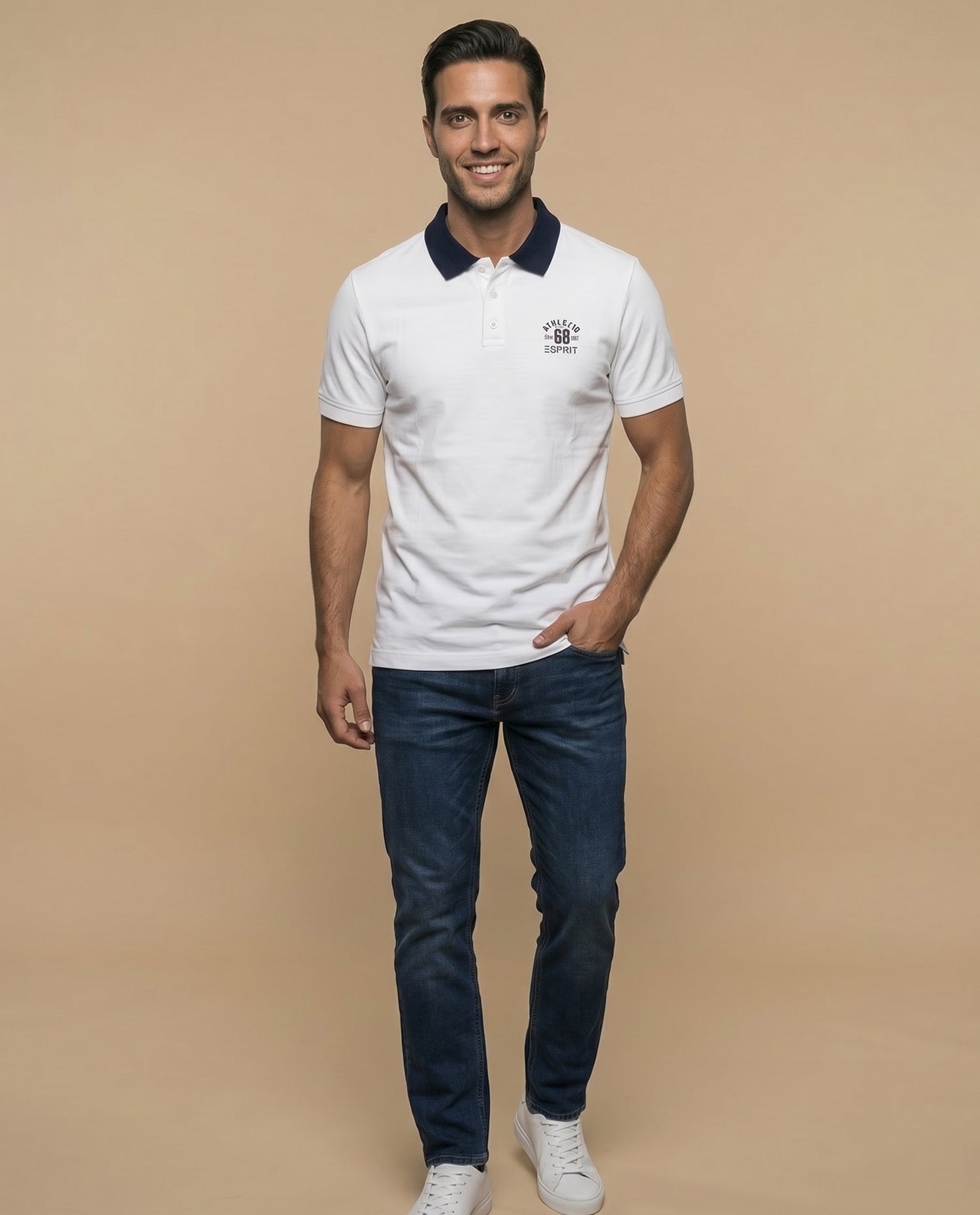 Polo manga corta con cuello contrastante y estampado para hombre - Blanco