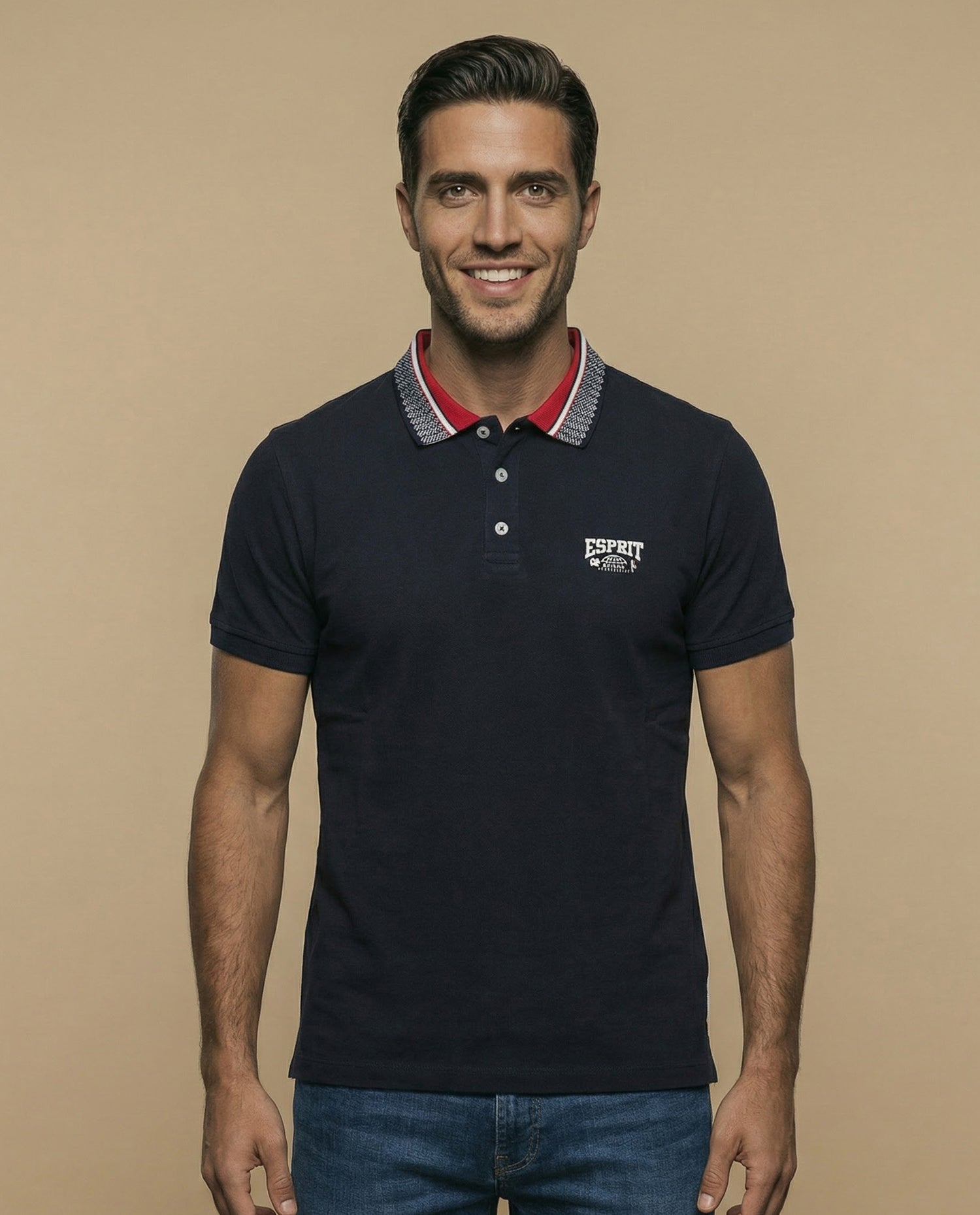 Polo manga corta con cuello jacquard contrastado para hombre - Azul