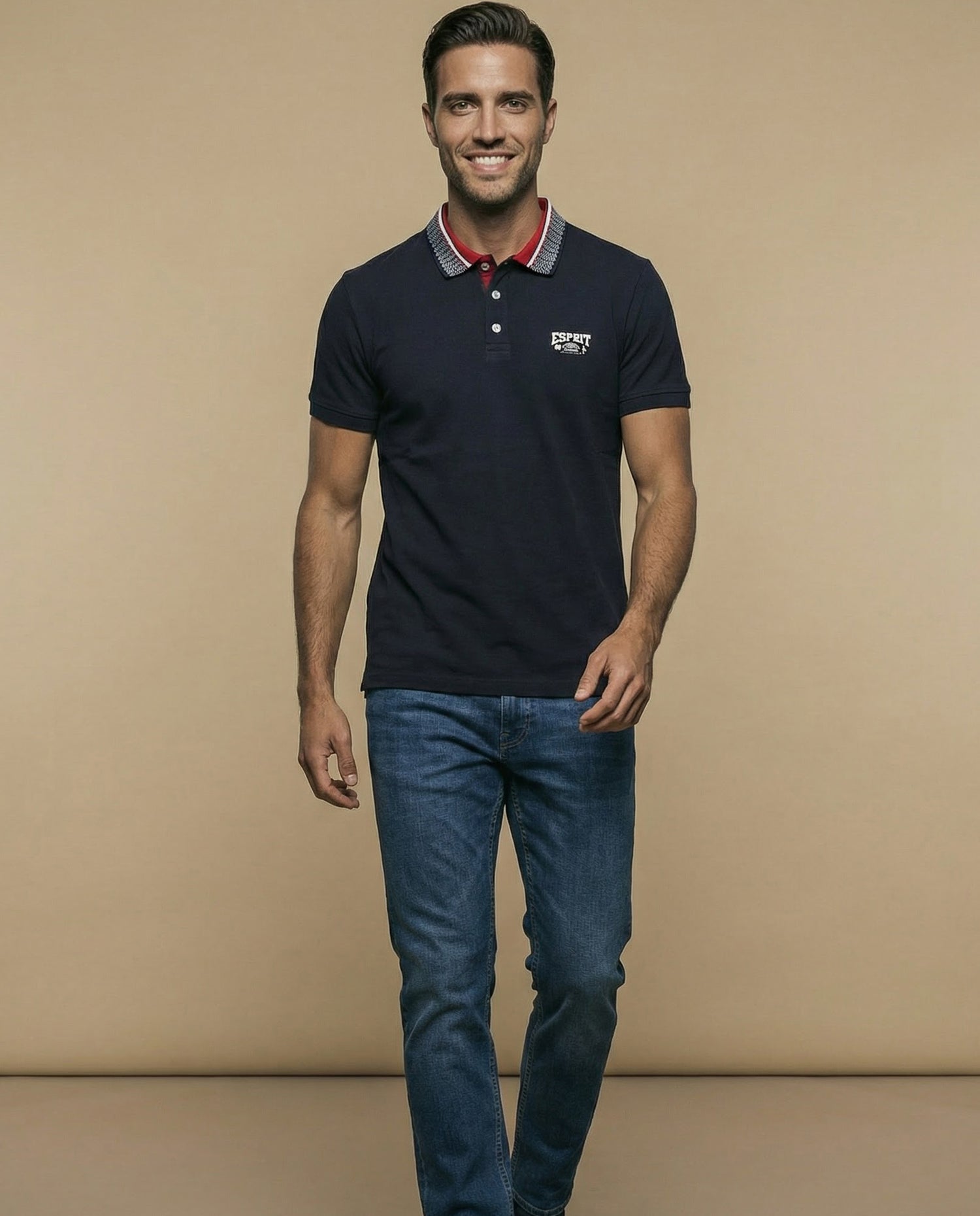 Polo manga corta con cuello jacquard contrastado para hombre - Azul
