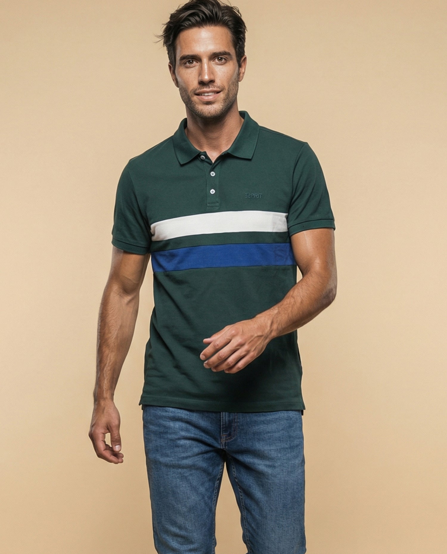 Polo de manga corta con franjas horizontales para hombre - Verde