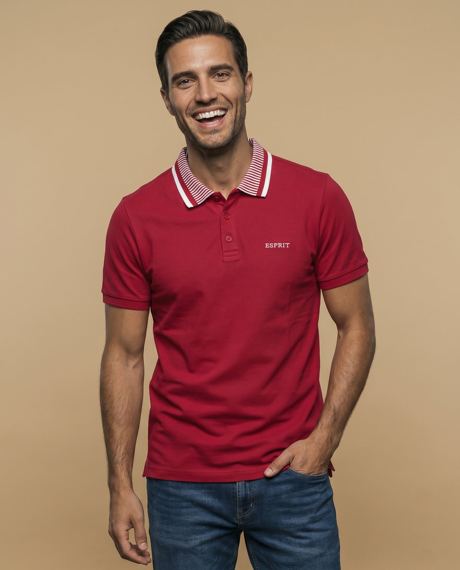Polo manga corta con cuello a rayas y ribetes en contraste para hombre - Rojo