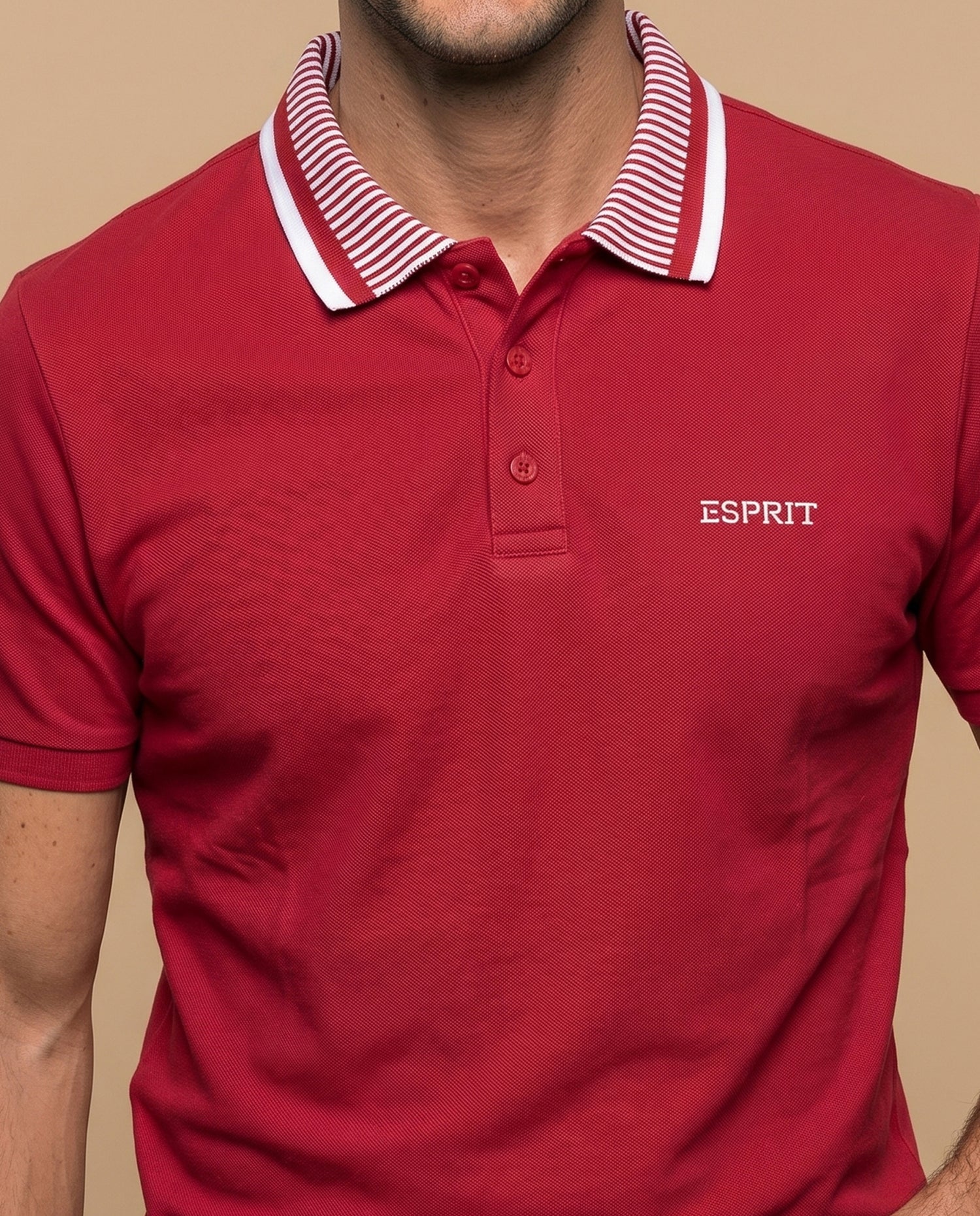Polo manga corta con cuello a rayas y ribetes en contraste para hombre - Rojo