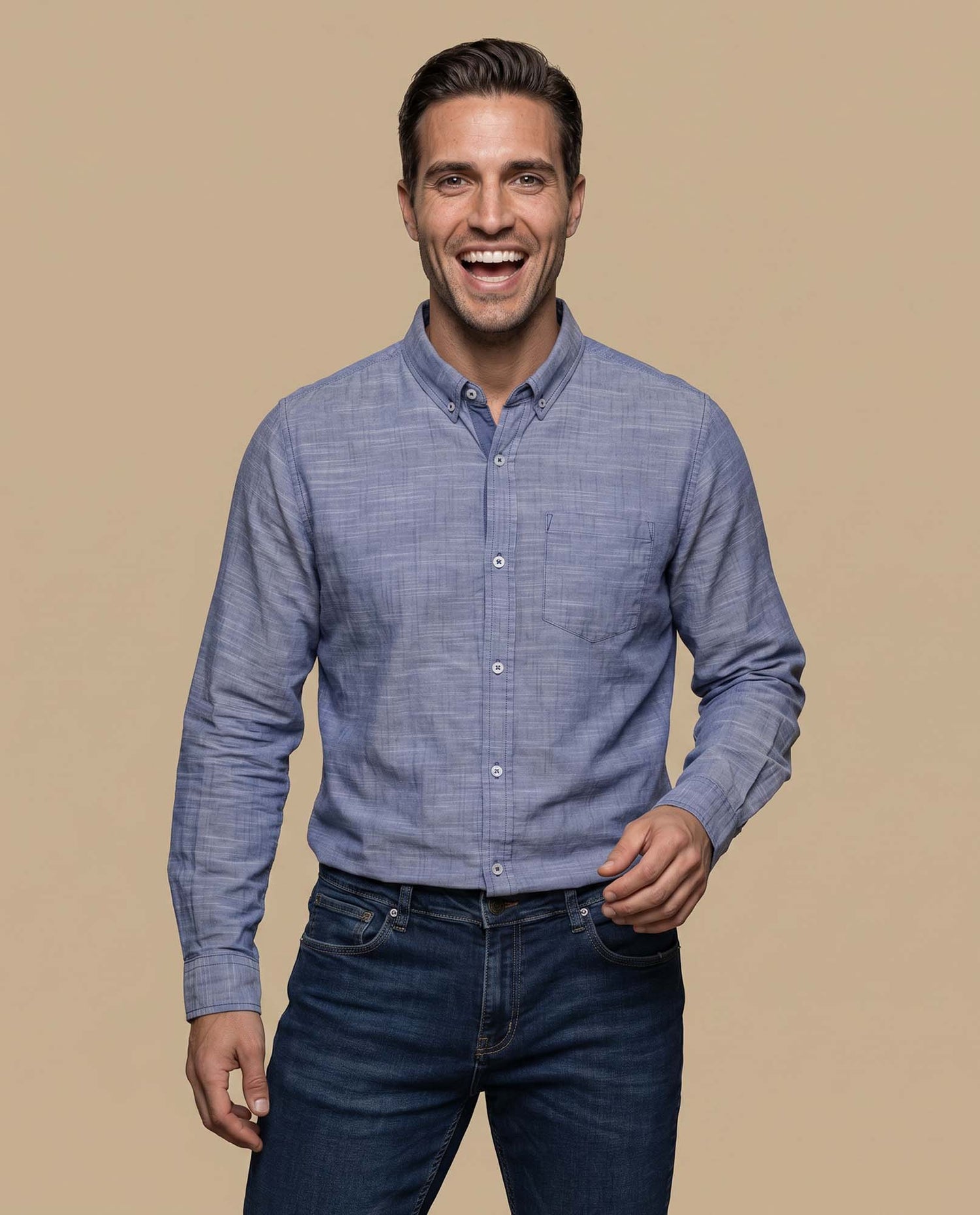 Camisa regular bolsillo algodón - Azul