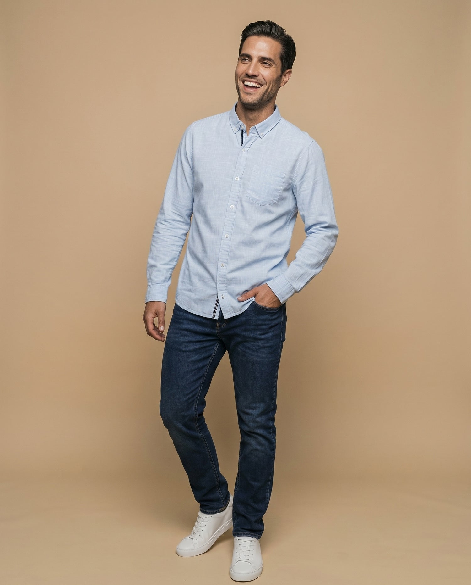 Camisa manga larga con cuello abotonado y microrayas para hombre - Azul