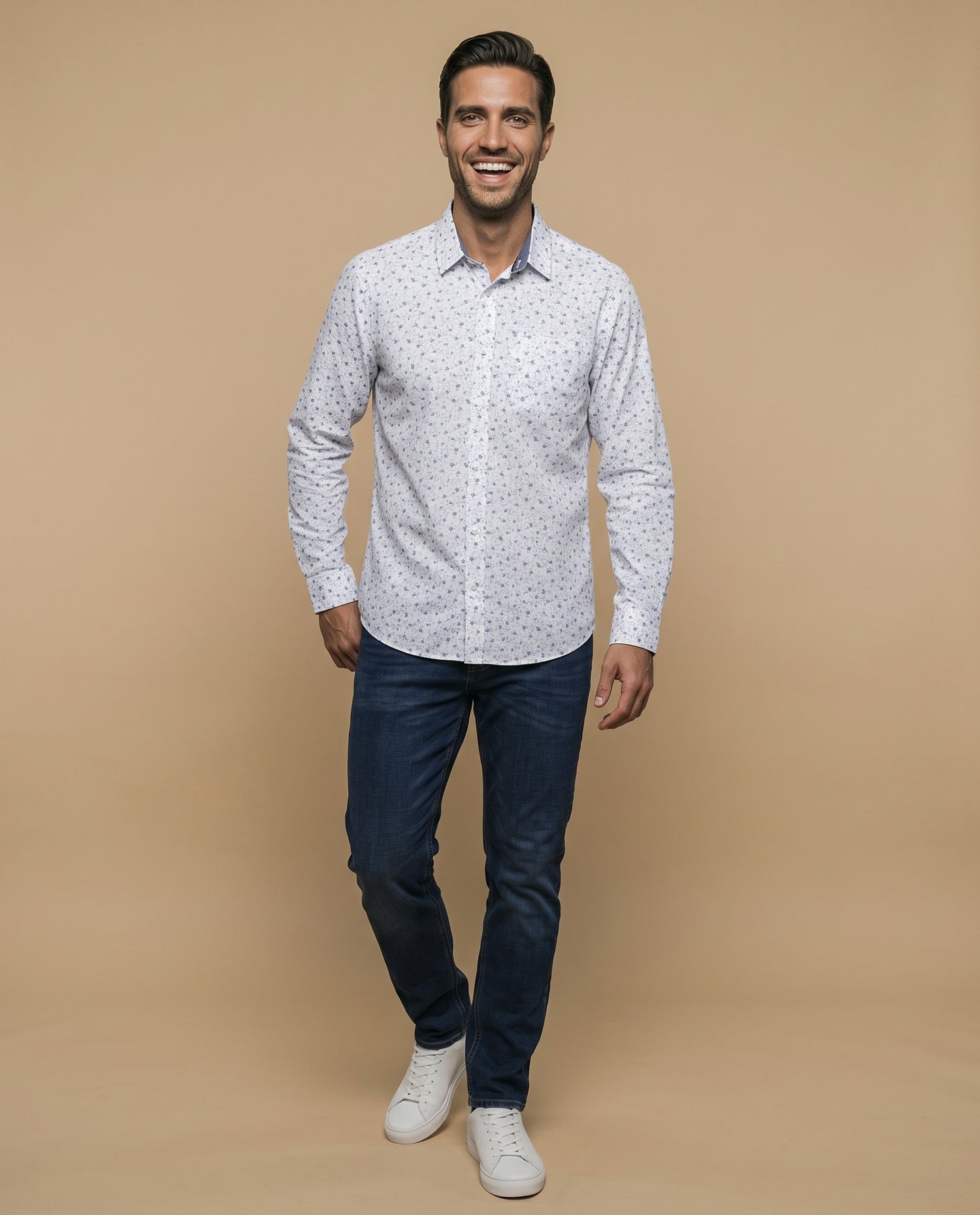 Camisa slim estampado floral azul - Blanco