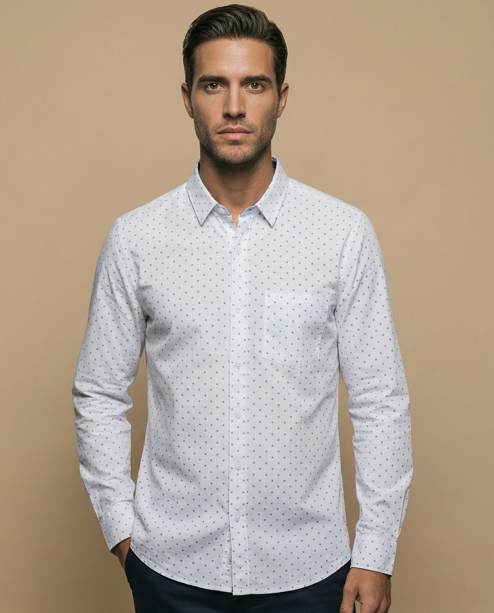 Camisa manga larga con estampado microgeométrico para hombre - Blanco 34_315E312_BLA114202_0