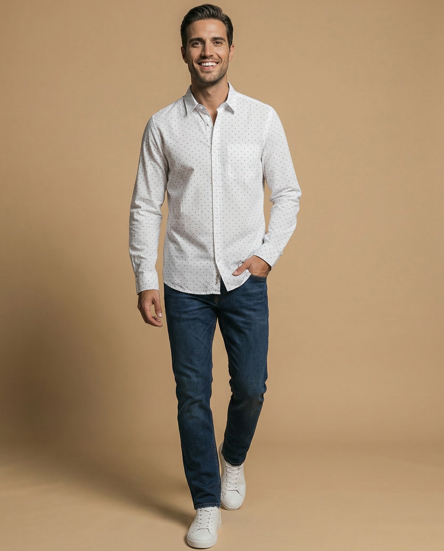 Camisa manga larga con estampado microgeométrico para hombre - Blanco