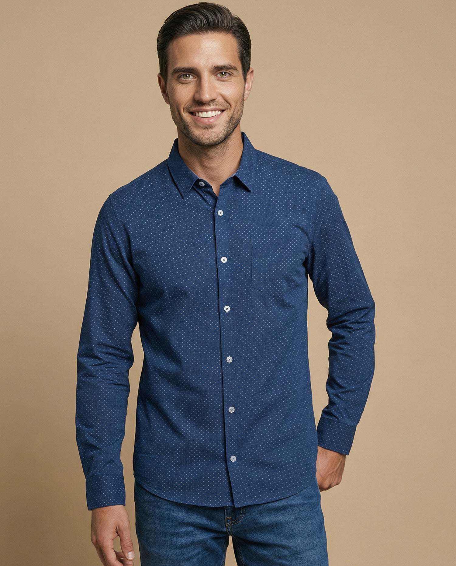Camisa clásica manga larga con estampado de microlunares para hombre - Azul