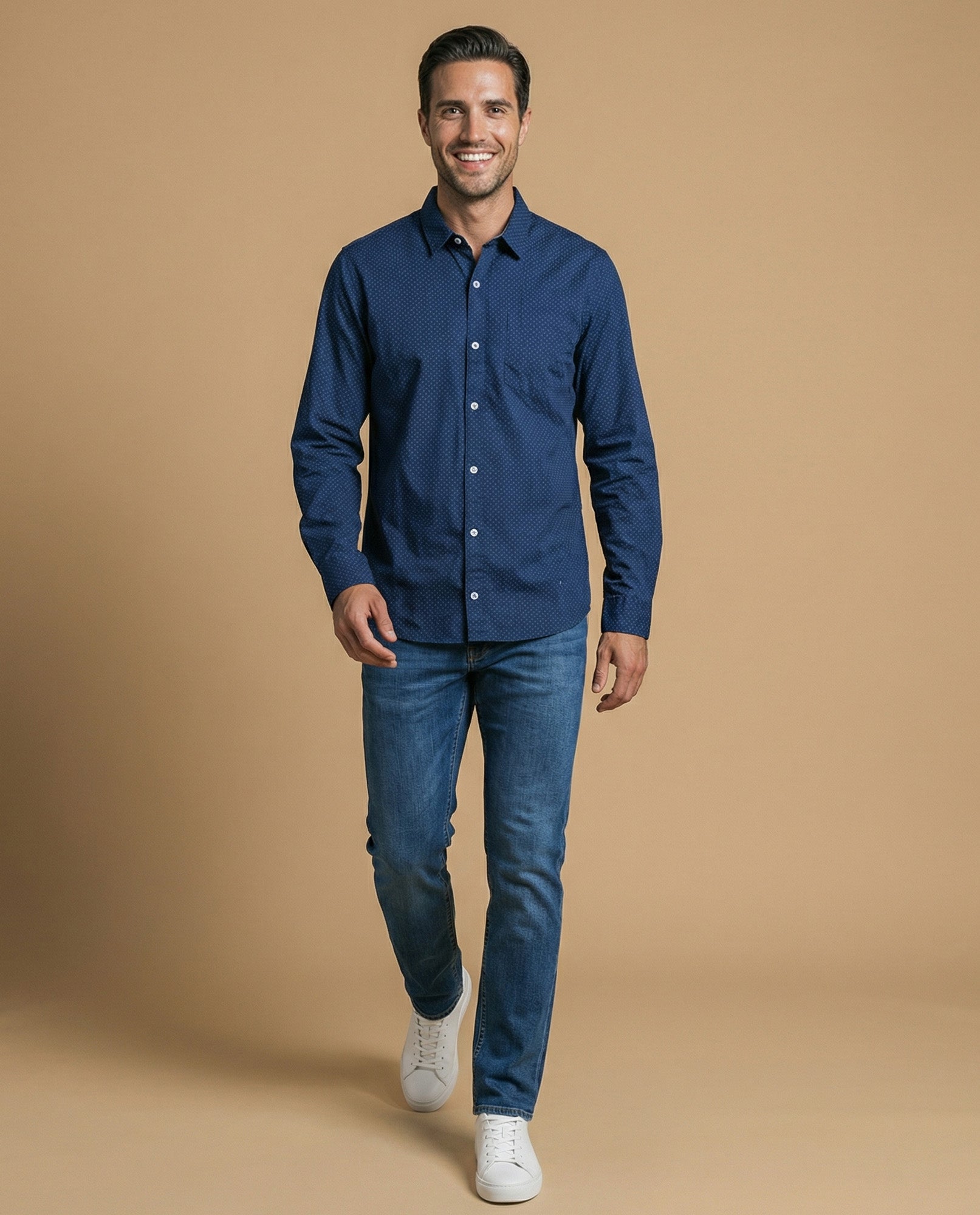 Camisa clásica manga larga con estampado de microlunares para hombre - Azul 34_315F301_AZU193935_5
