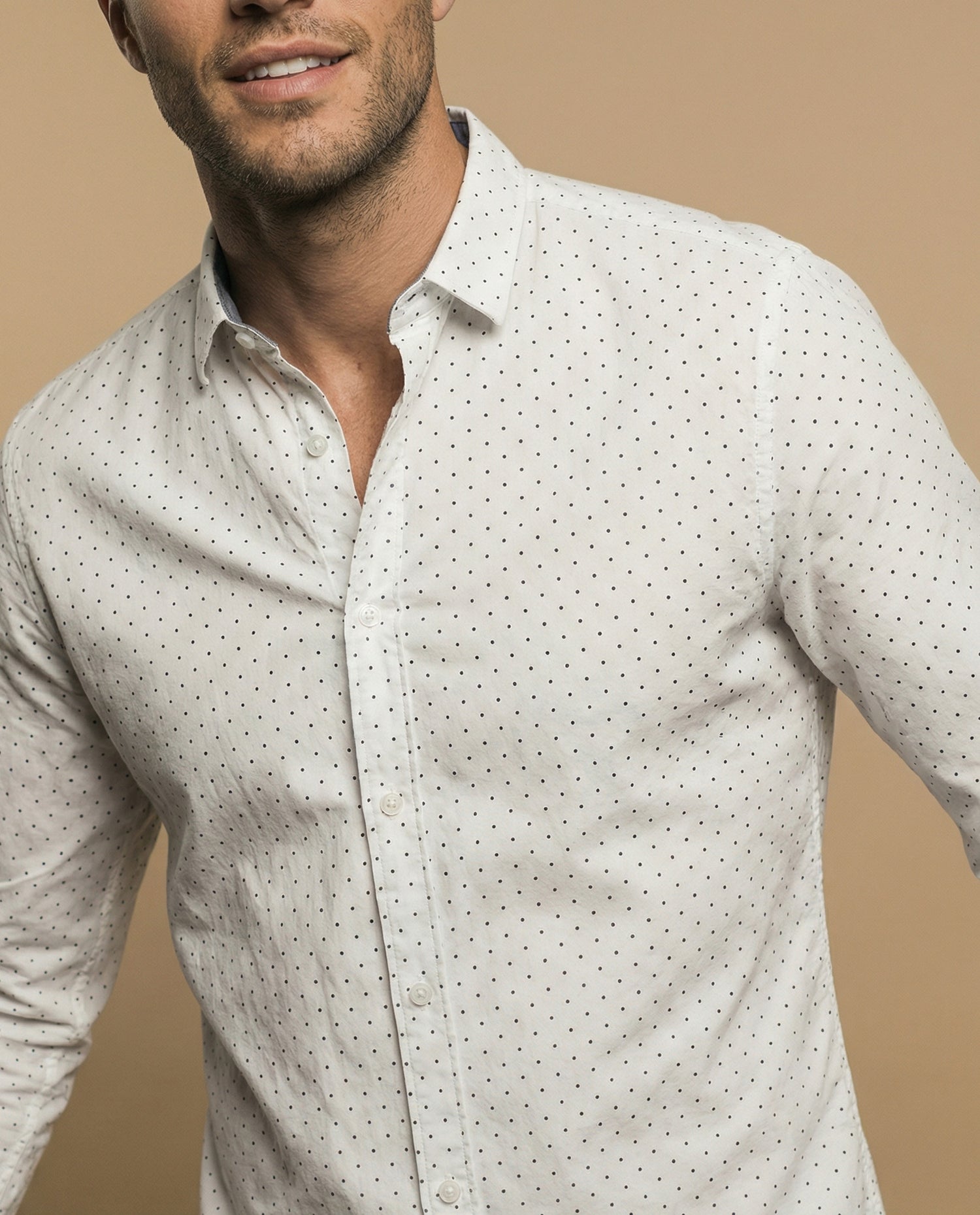 Camisa clásica manga larga con estampado de microlunares para hombre - Blanco