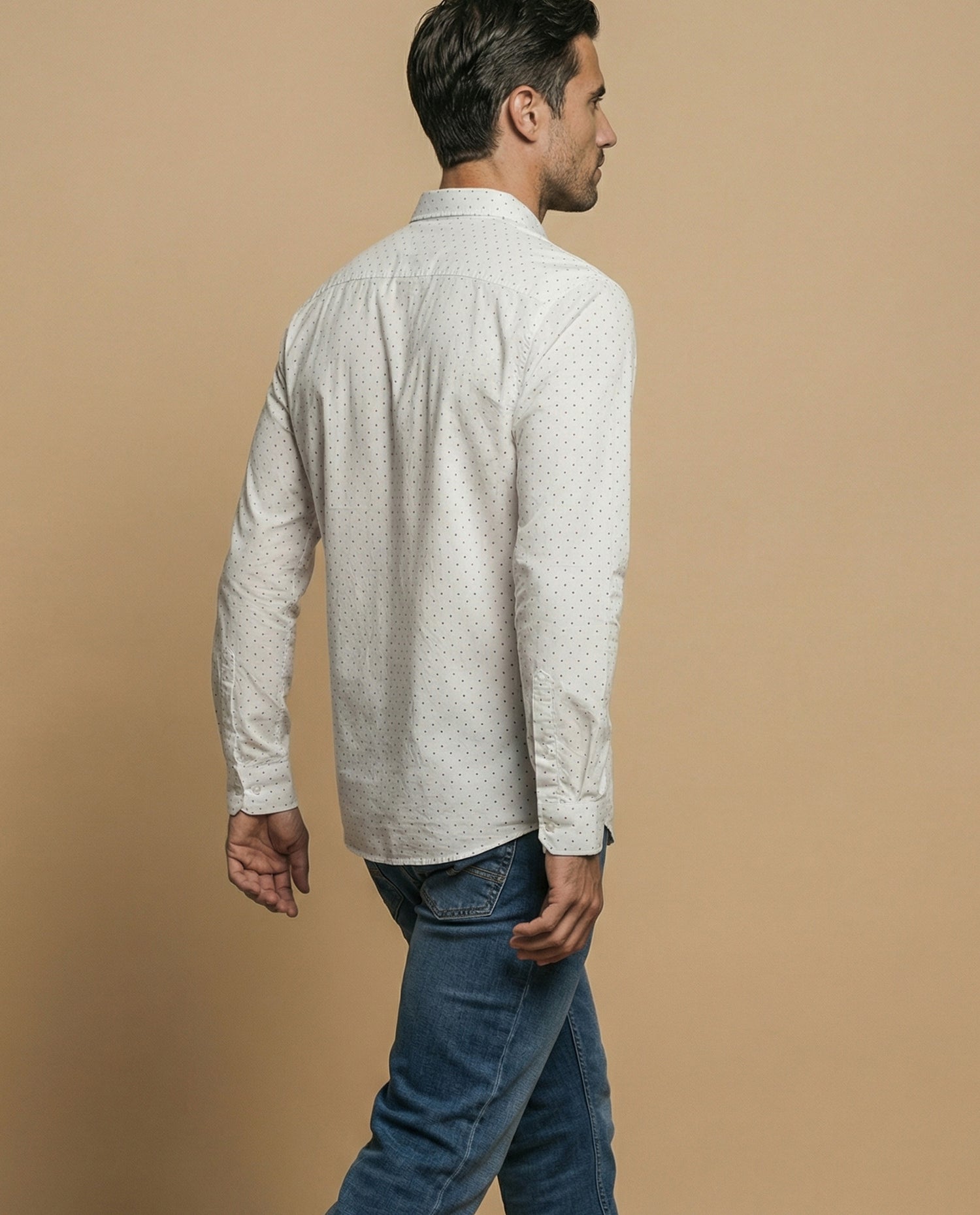 Camisa clásica manga larga con estampado de microlunares para hombre - Blanco