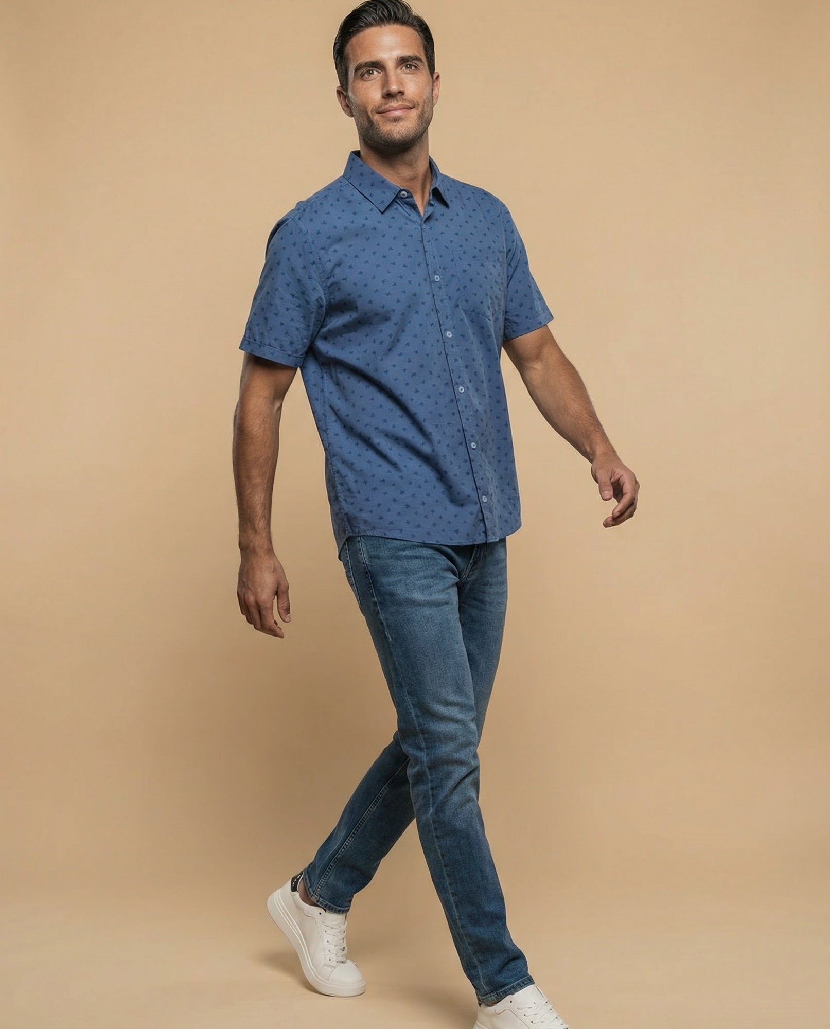 Camisa de manga corta con microestampado de palmeras - Azul 34_315F308_AZU154312_5