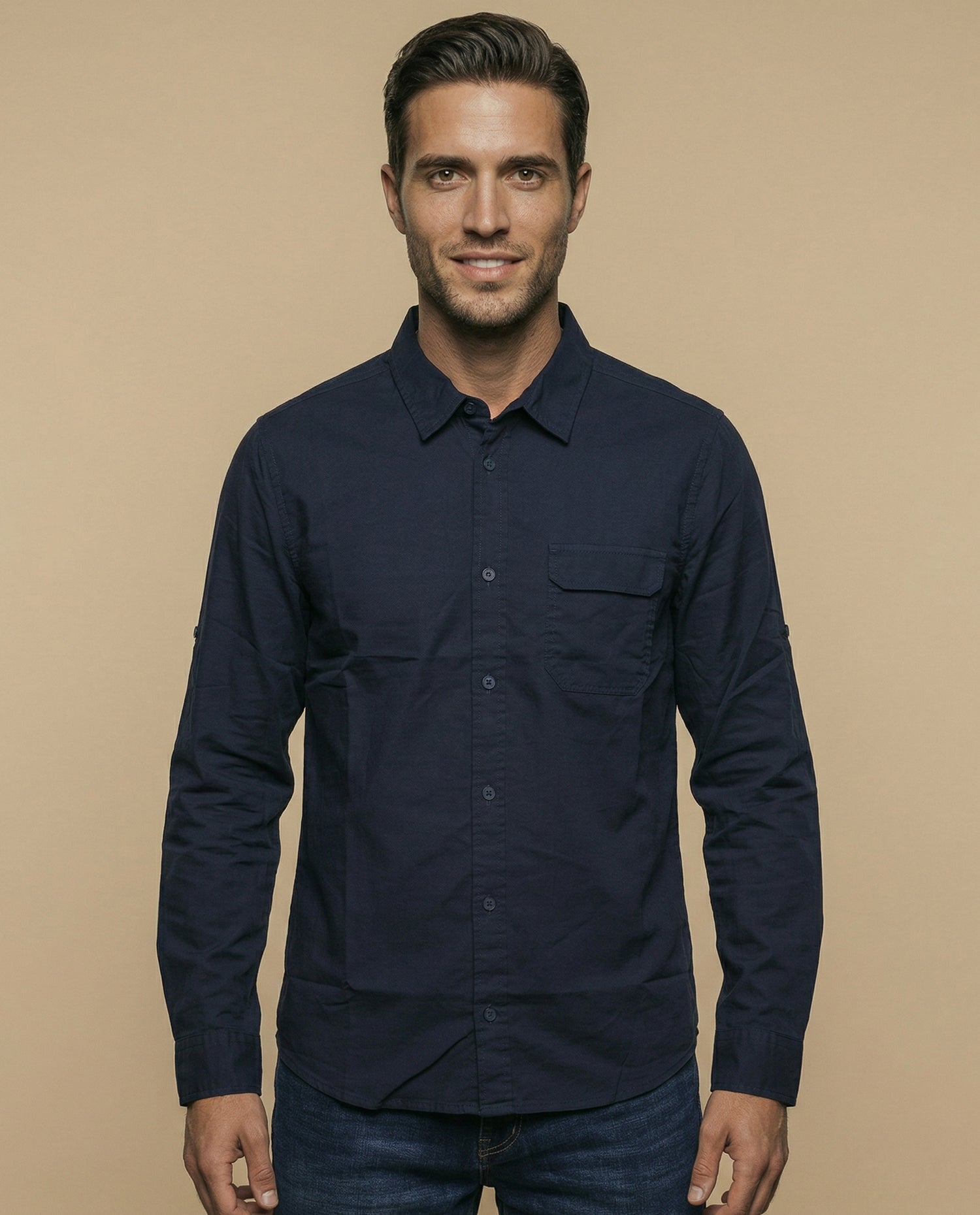 Camisa manga corta cuello camisero con bolsillo - Azul