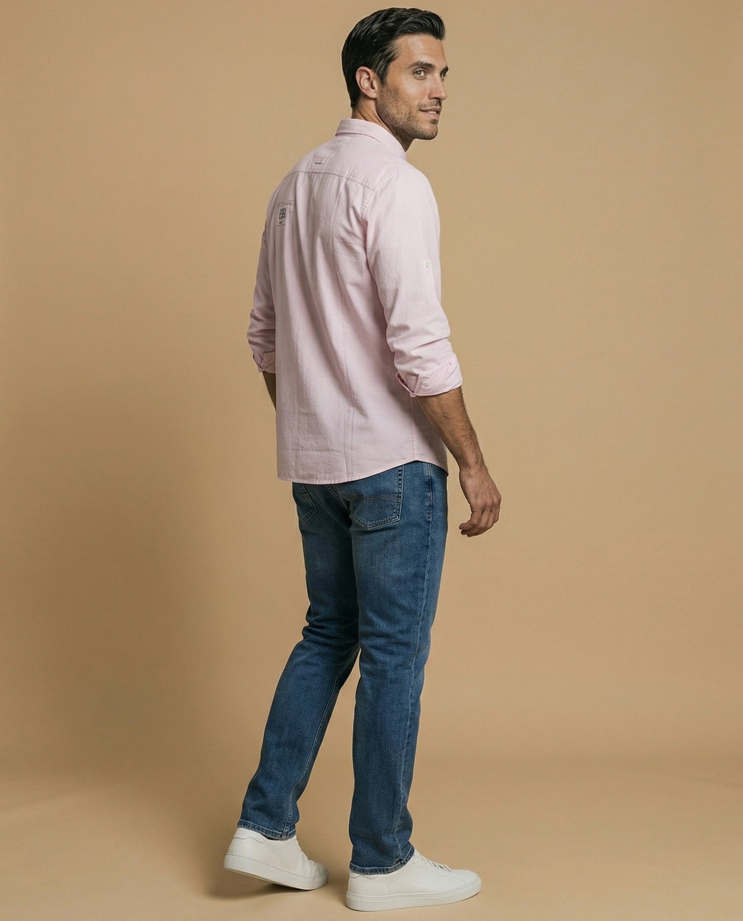 Camisa oxford manga larga con cuello abotonado para hombre - Rosa