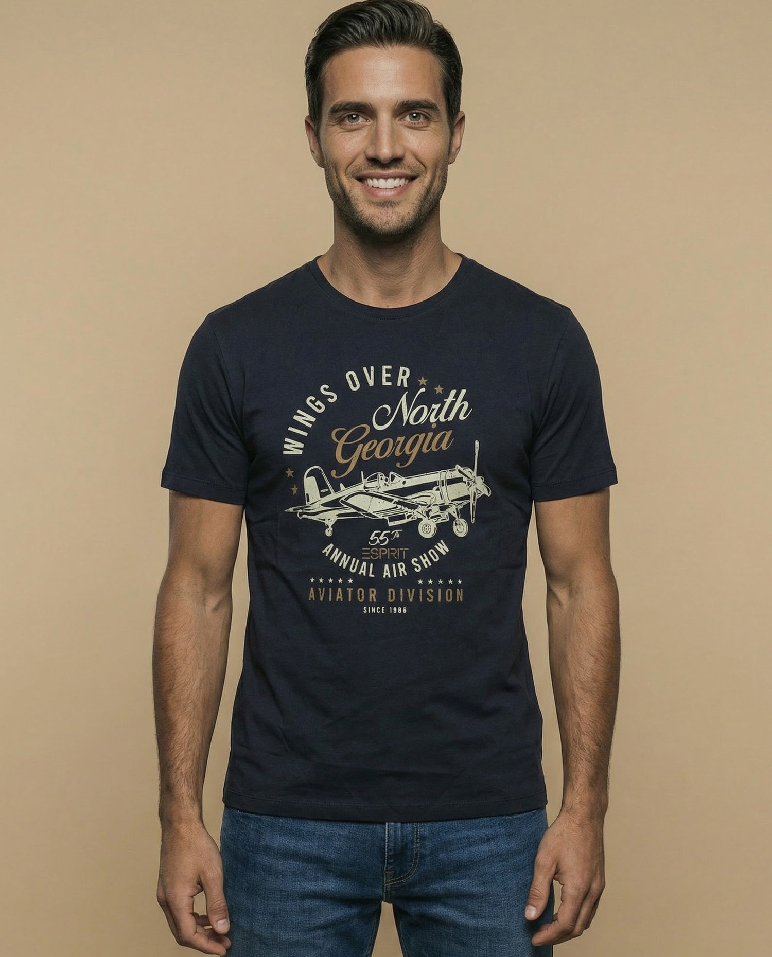 Camiseta manga corta con estampado gráfico de aviación para hombre - Azul