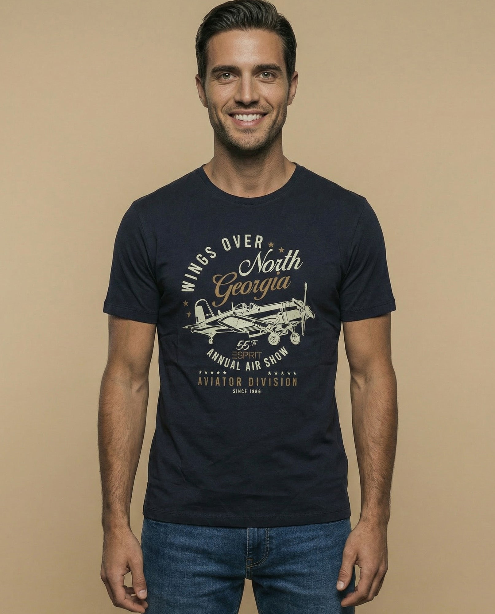 Camiseta manga corta con estampado gráfico de aviación para hombre - Azul 34_345F307_AZU184028_0