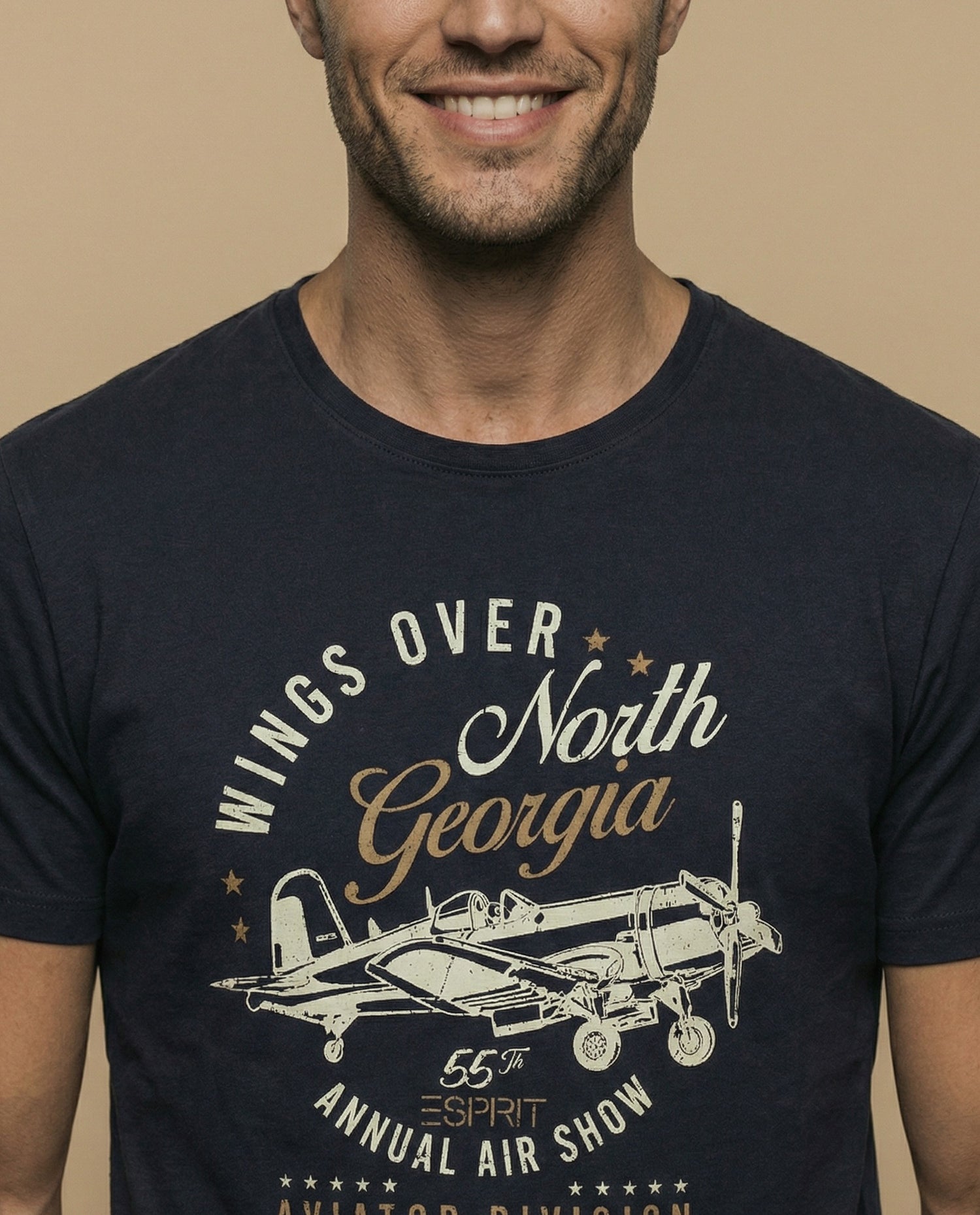 Camiseta manga corta con estampado gráfico de aviación para hombre - Azul