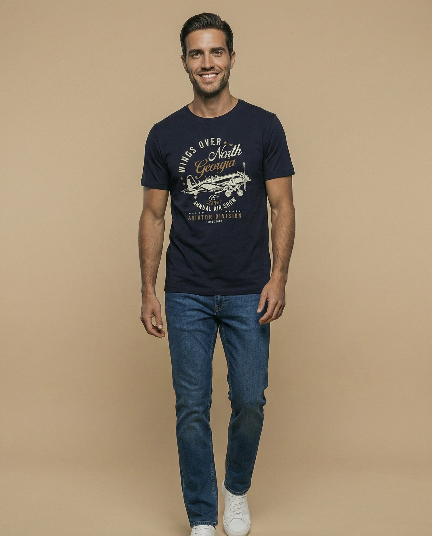 Camiseta manga corta con estampado gráfico de aviación para hombre - Azul