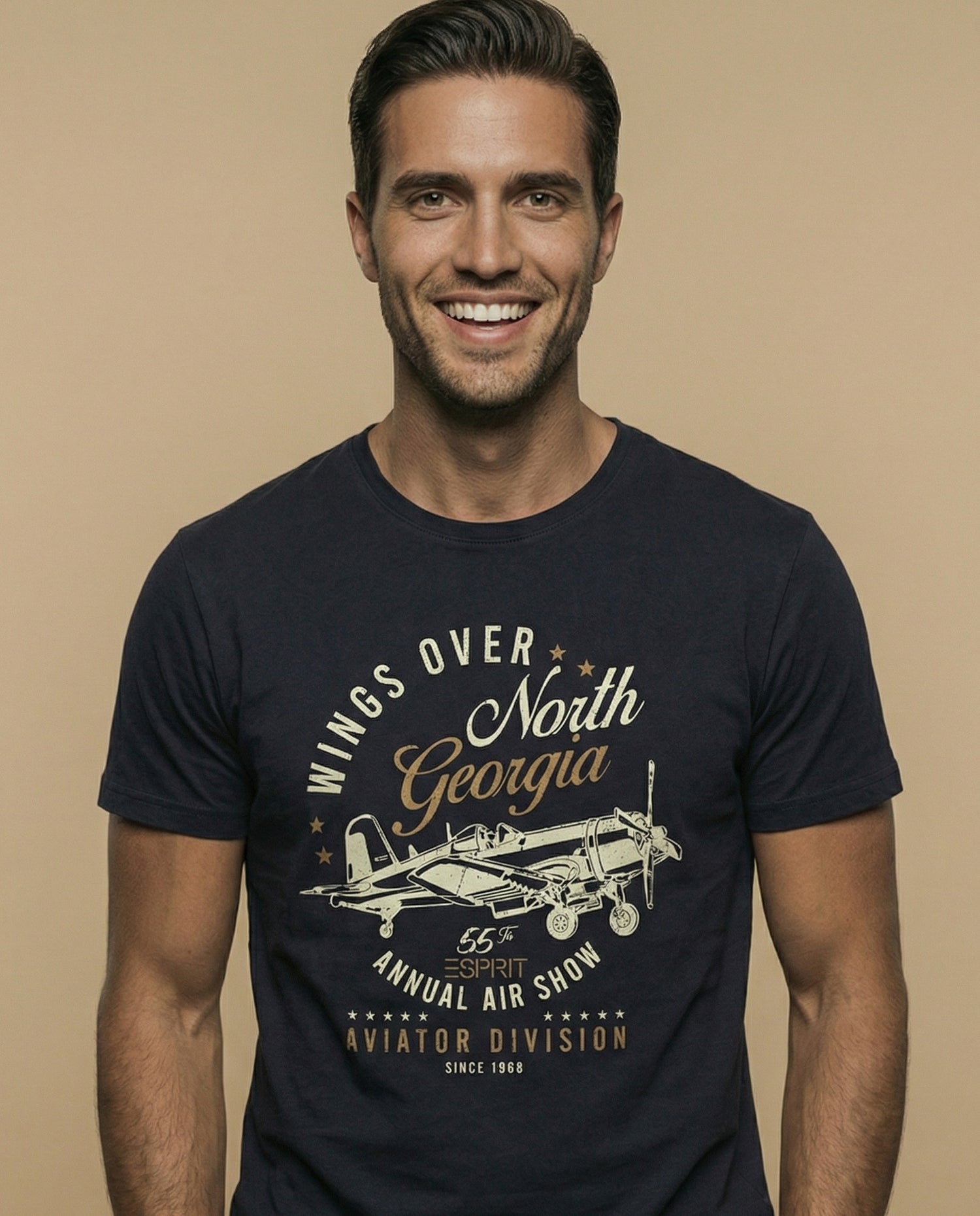 Camiseta manga corta con estampado gráfico de aviación para hombre - Azul