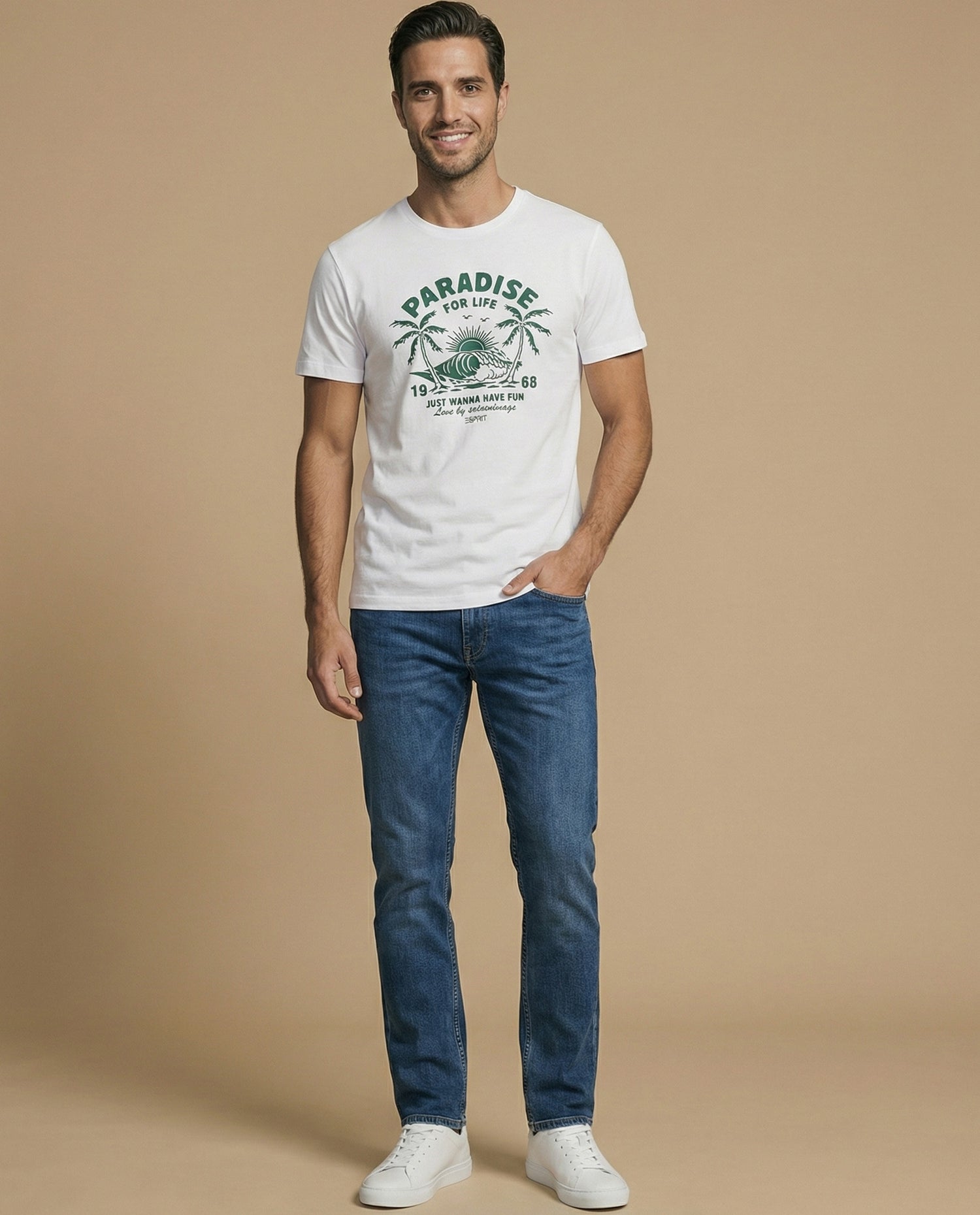Camiseta manga corta con estampado tropical para hombre - Blanco