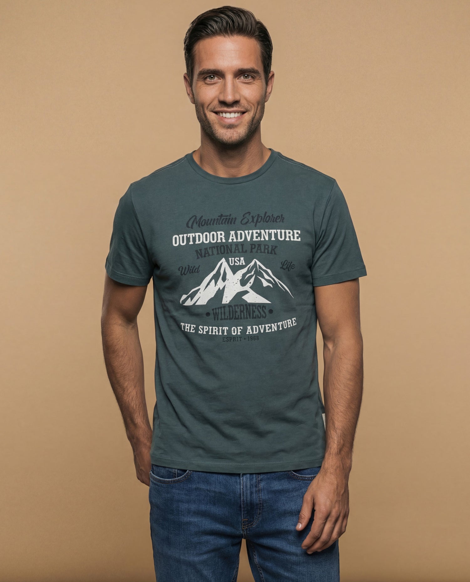 Camiseta manga corta con estampado gráfico de montaña para hombre - Verde