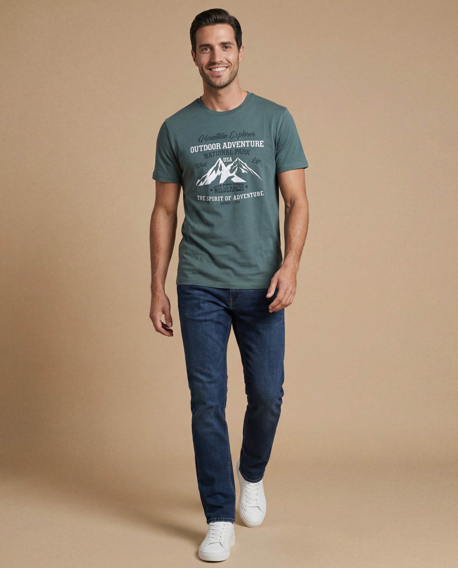 Camiseta manga corta con estampado gráfico de montaña para hombre - Verde