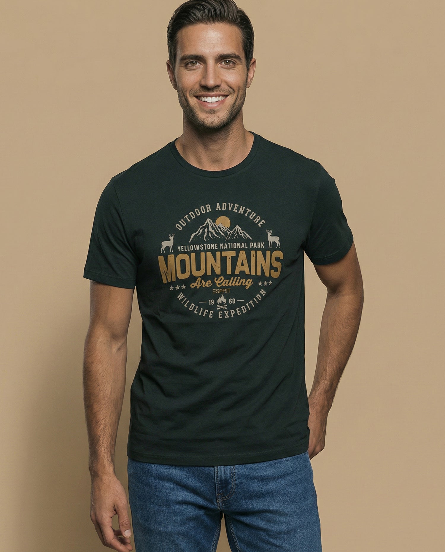 Camiseta manga corta con estampado de aventura para hombre - Verde